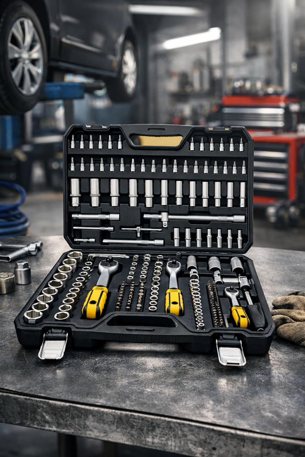 Valigetta Attrezzi 202 Pezzi Chiavi a Bussola con Cricchetto 1/4" 3/8" 1/2" Acciaio Cr-V Professionale Set Bussole Completo con inserti Torx, Prolunghe e Accessori Kit Utensili Meccanico per Auto