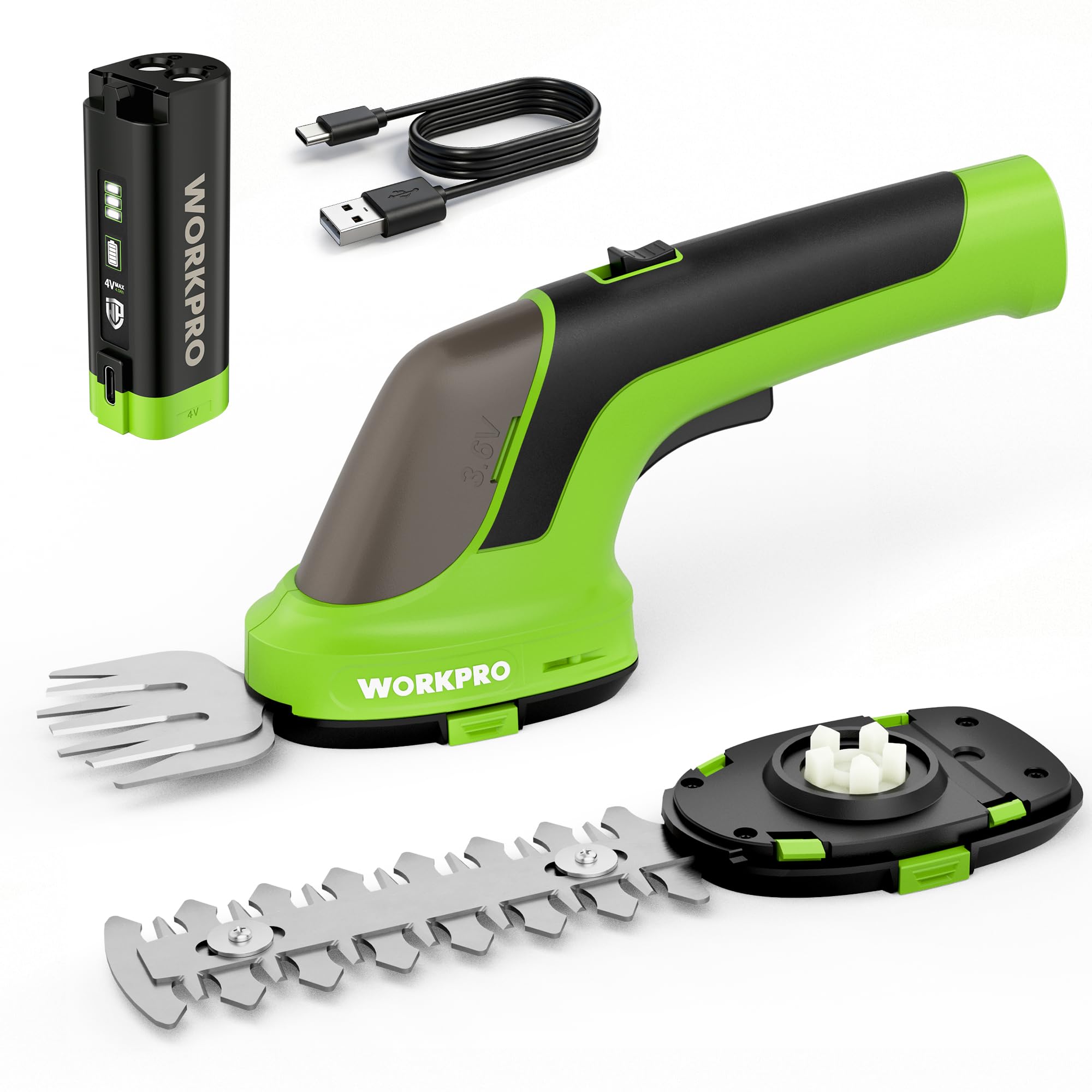 WORKPRO 3.6V Hedge Trimmer Cordless, 2-in-1 Electric Hedge Trimmer & Grass Cutter with 4.0Ah Removable Battery & Type-C Cable, Lightweight Bush Trimmer for Lawn & Garden