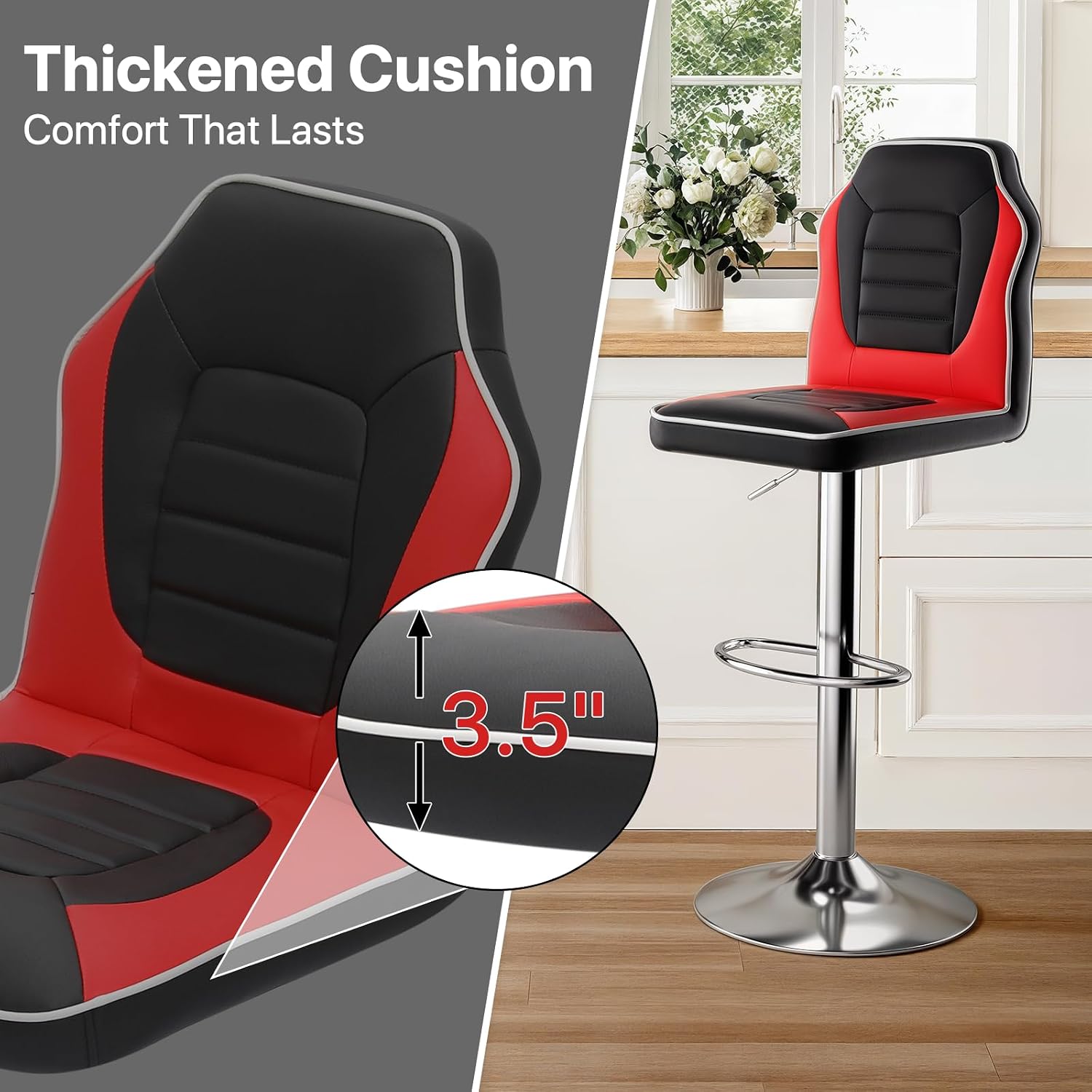 MoNiBloom Racing Style Bar Stools Set of 2, Height Adjustable PU Leather Barstools with Footrest, 360° Swivel High Backrest Bar Chairs for Kitchen Counter and Pub, Black-Red Blocking