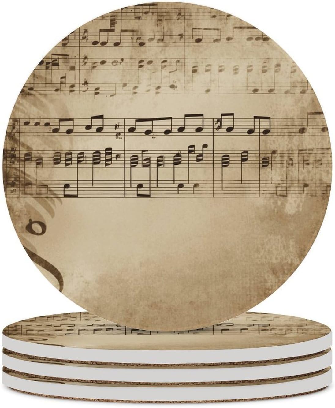 6PCS Music Notes on Old Paper Coasters Non-Slip Round Drink Coasters with Ceramic Stone and Cork Base, Heat Resistant Absorbent 33.00Stone Coaster Set for Kinds of Mugs and Cups, 4 Inch
