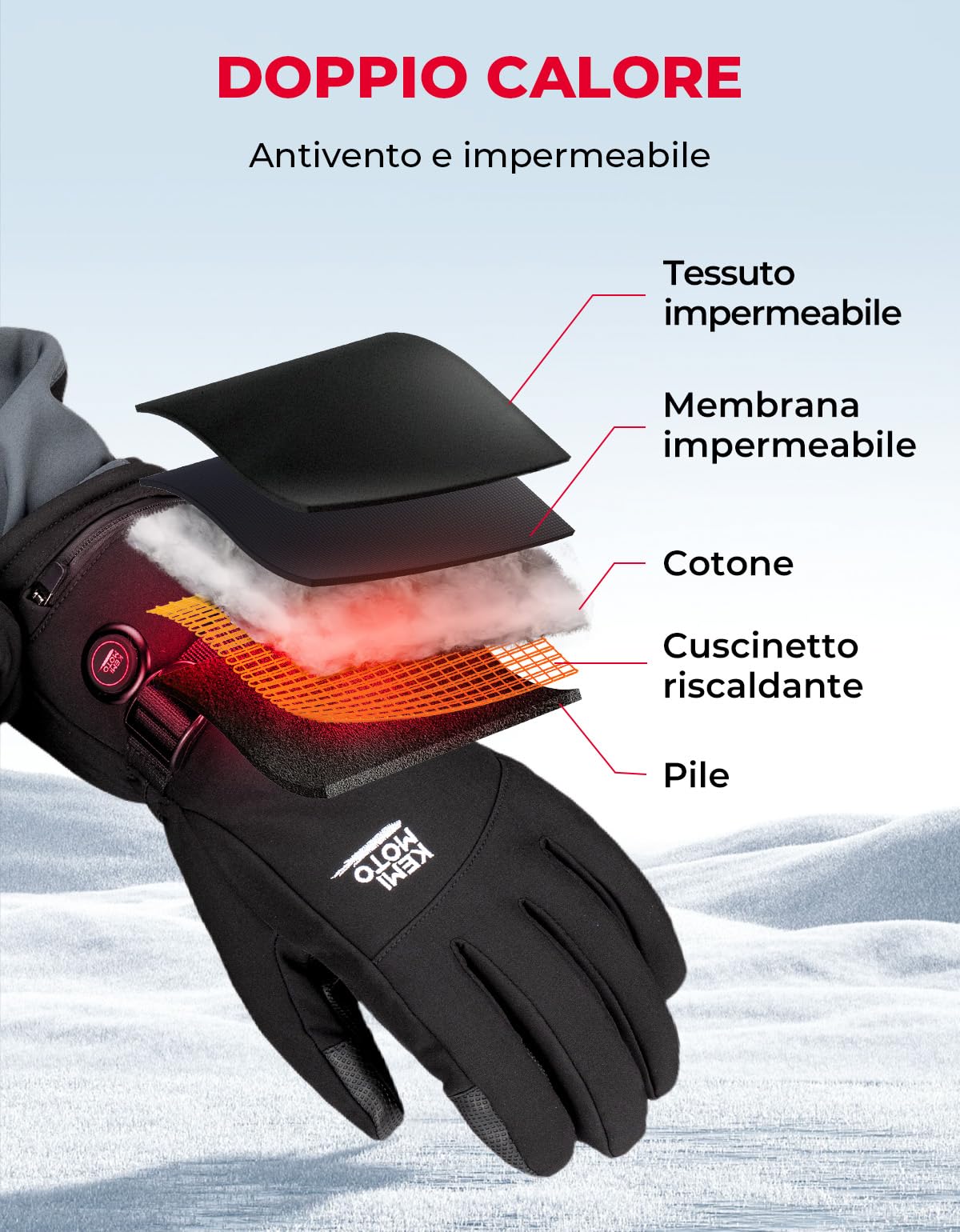 KEMIMOTO Guanti Sci Riscaldati Uomo Donna, Ricaricabili Guanti Invernali Impermeabili con 7.4v 2500 mAh Batterie, Adatti a -10°C a -5°C, Ideali per Sci Pesca Caccia Campeggio