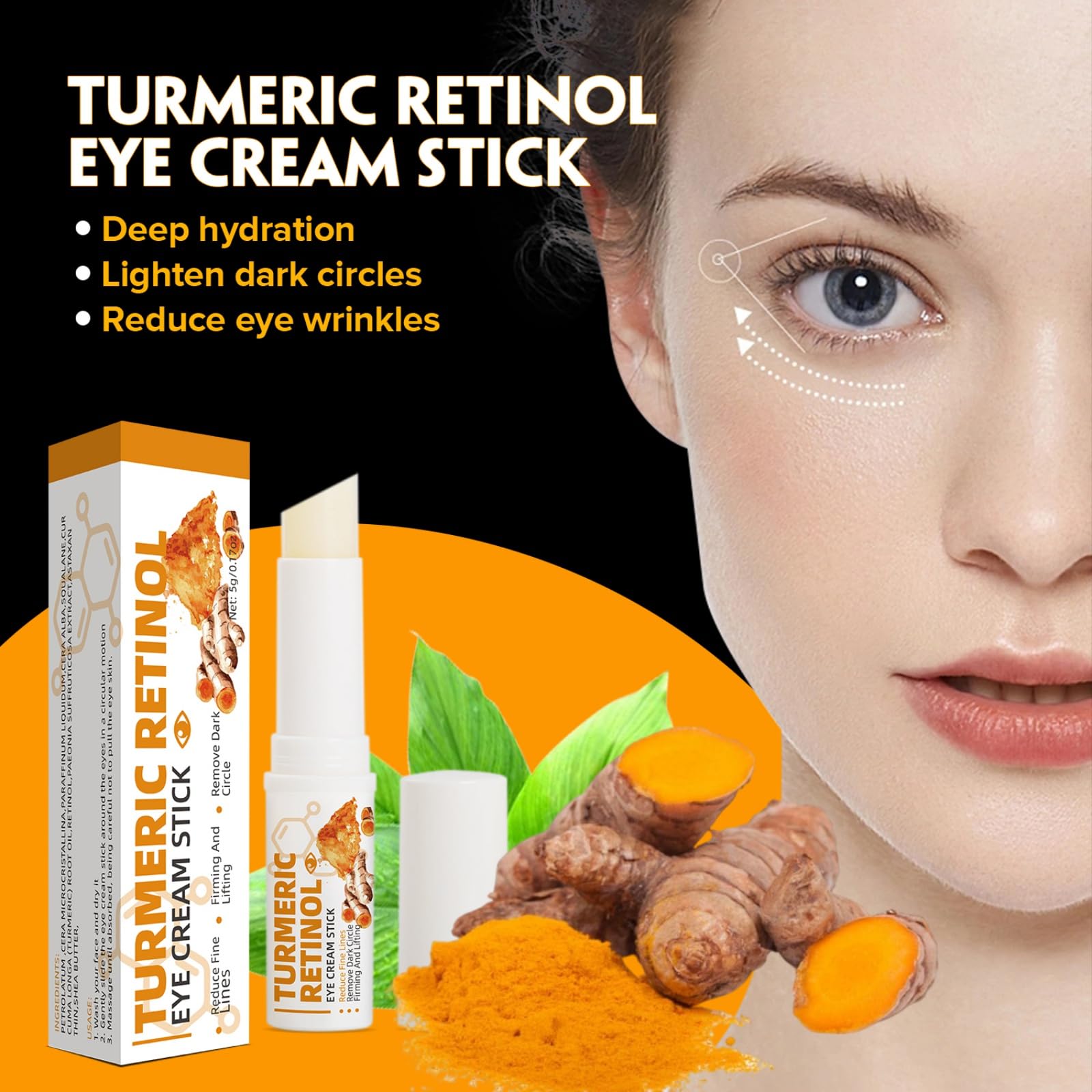 Turmeric Retinol Eye Stick Balm, Moisturizing Eye Cream Stick for Puffiness and Bags, Anti Aging Undereye Balm for Dark Circles Fine Lines (1 Pc)