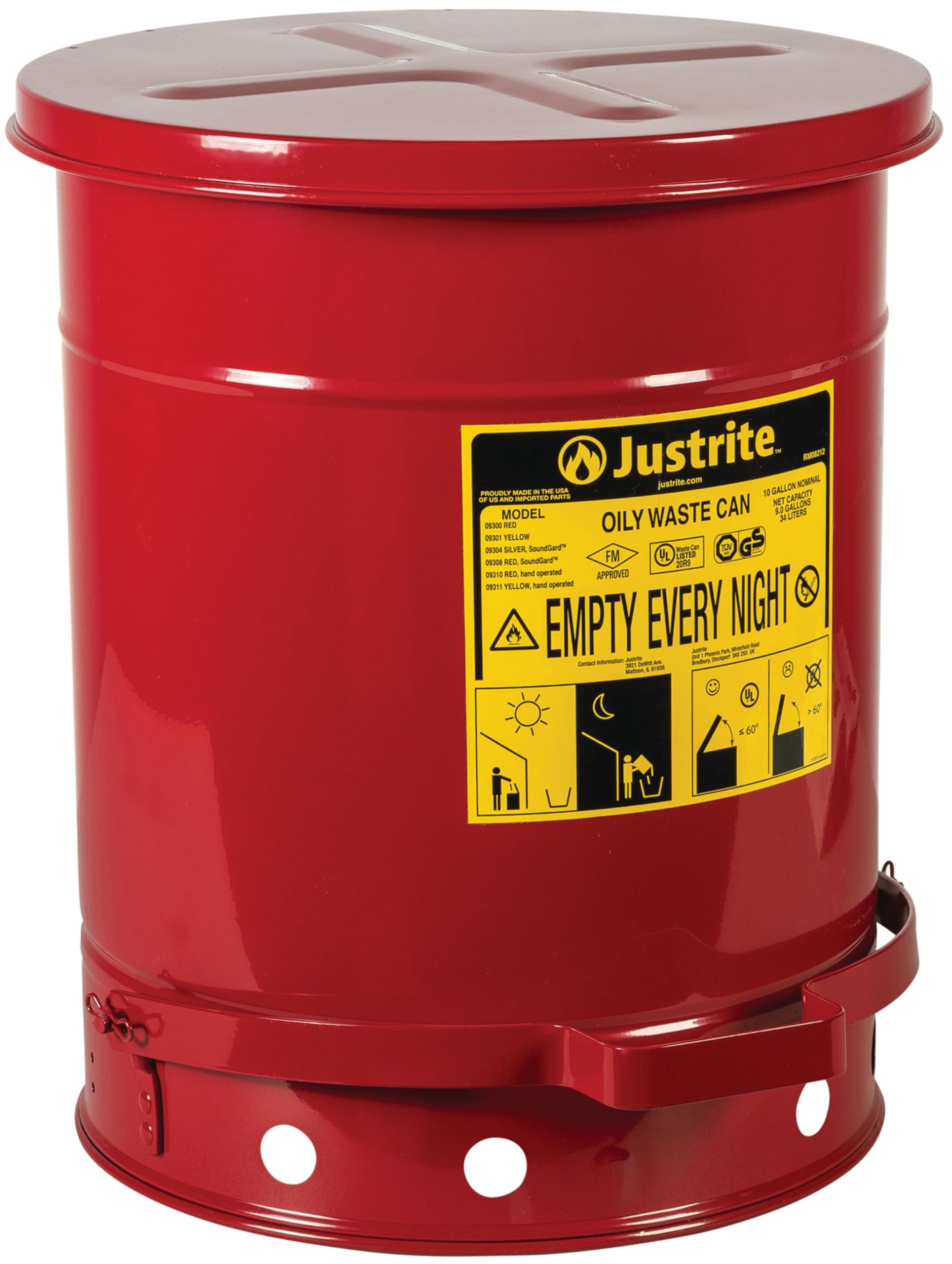 Justrite 10 Gallon Galvanized Steel Oily Waste Can, 18" x 14" Metal Oil Rag Safety Can With Foot Operated Self-Closing Lid for Oil Rag Disposal, Made in the USA, Red, 09300