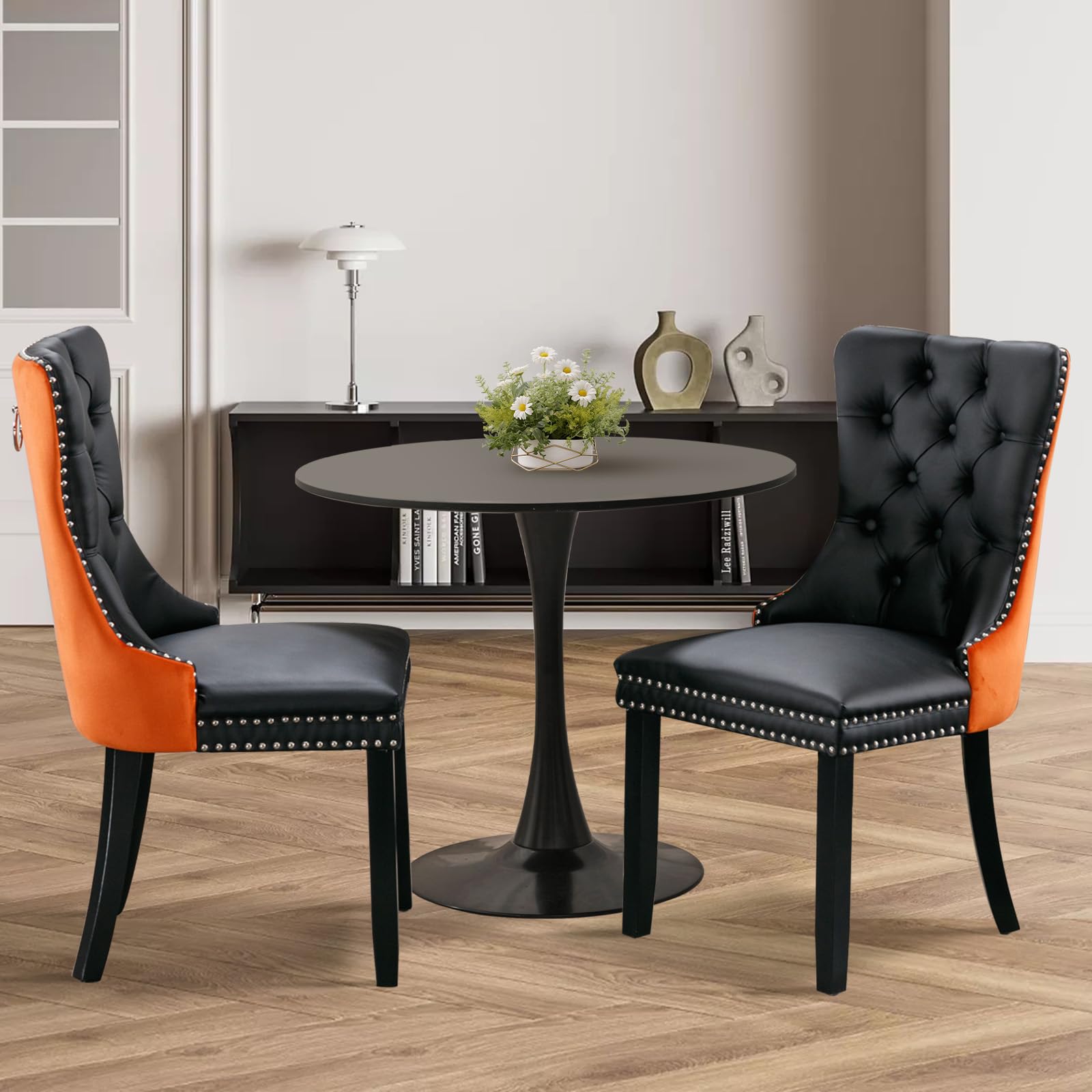 SoarTalent 3-Pieces 31.5" Round Dining Table Set for 2, Black Dining Table & PU & Velvet Upholstered Dining Chairs Set of 2 for Kitchen Dining Room