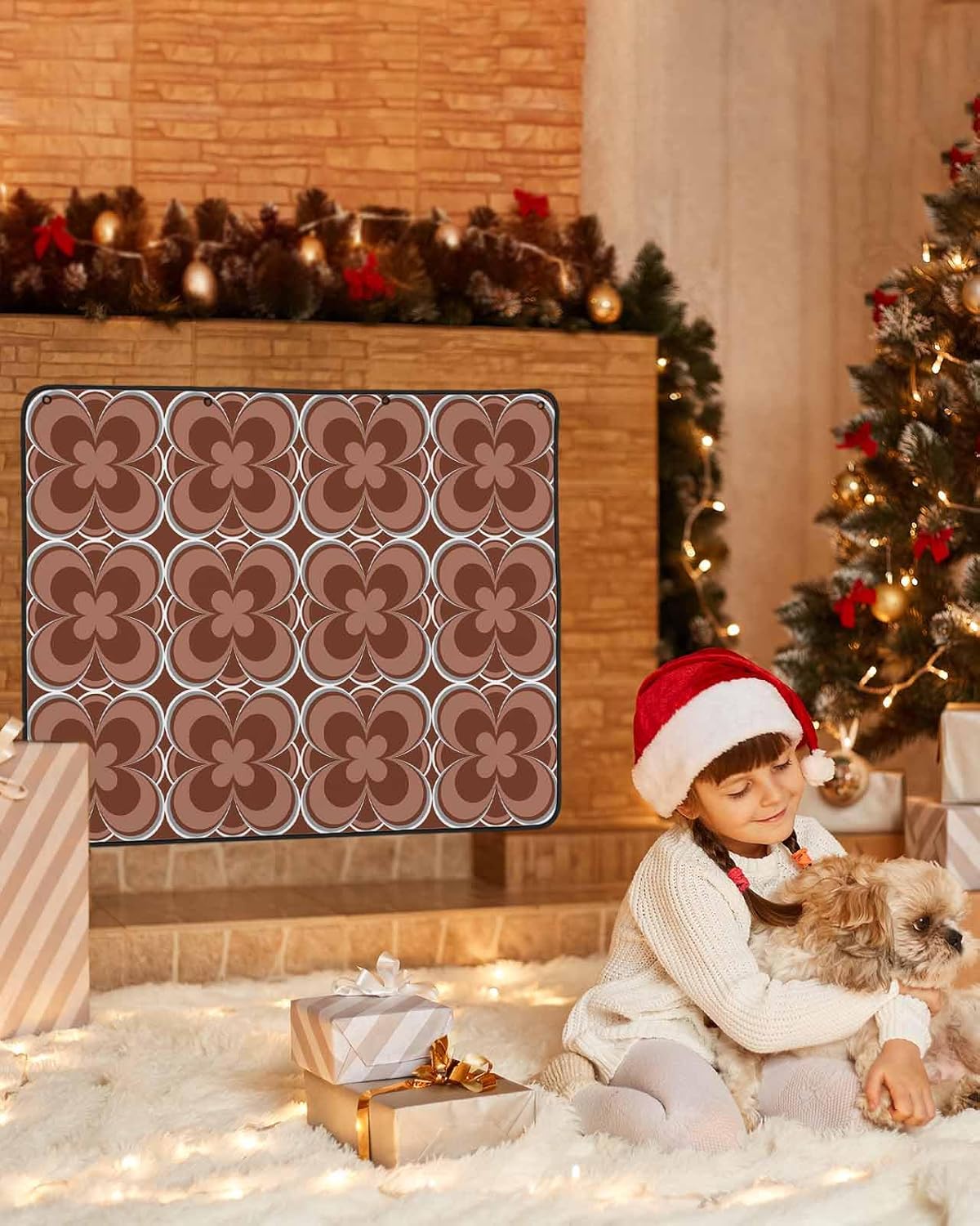 Magnetic Fireplace Cover Brown Geometric Fireplace Screen Decorative Abstract Floral Modern Art Insulation Fireplaces Blocker Blanket Save Energy Fireplaces Draft Stopper Covers for Living Room 36x30