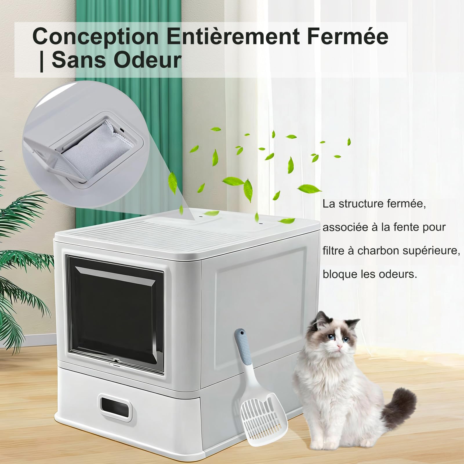 Marchul Bac à Litière pour Chat, Bac à Litière Fermé en INOX avec Couvercle et Tiroir, Large, avec Chicanes Anti-Fuites, Pelle et Tapis, sans Odeur, avec Socle amélioré