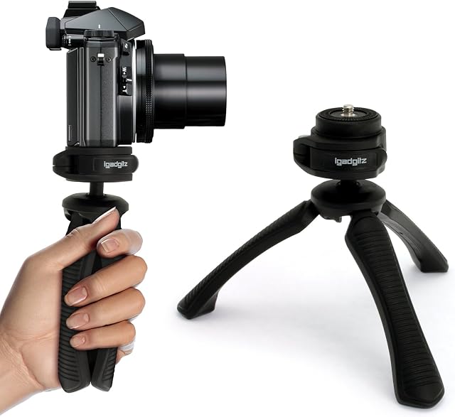 iGadgitz PT310 Mini Lightweight Table Top Stand Tripod and Grip Stabilizer Compatible with Digital Camera, DSLR, Video Camera & Camcorder - Black