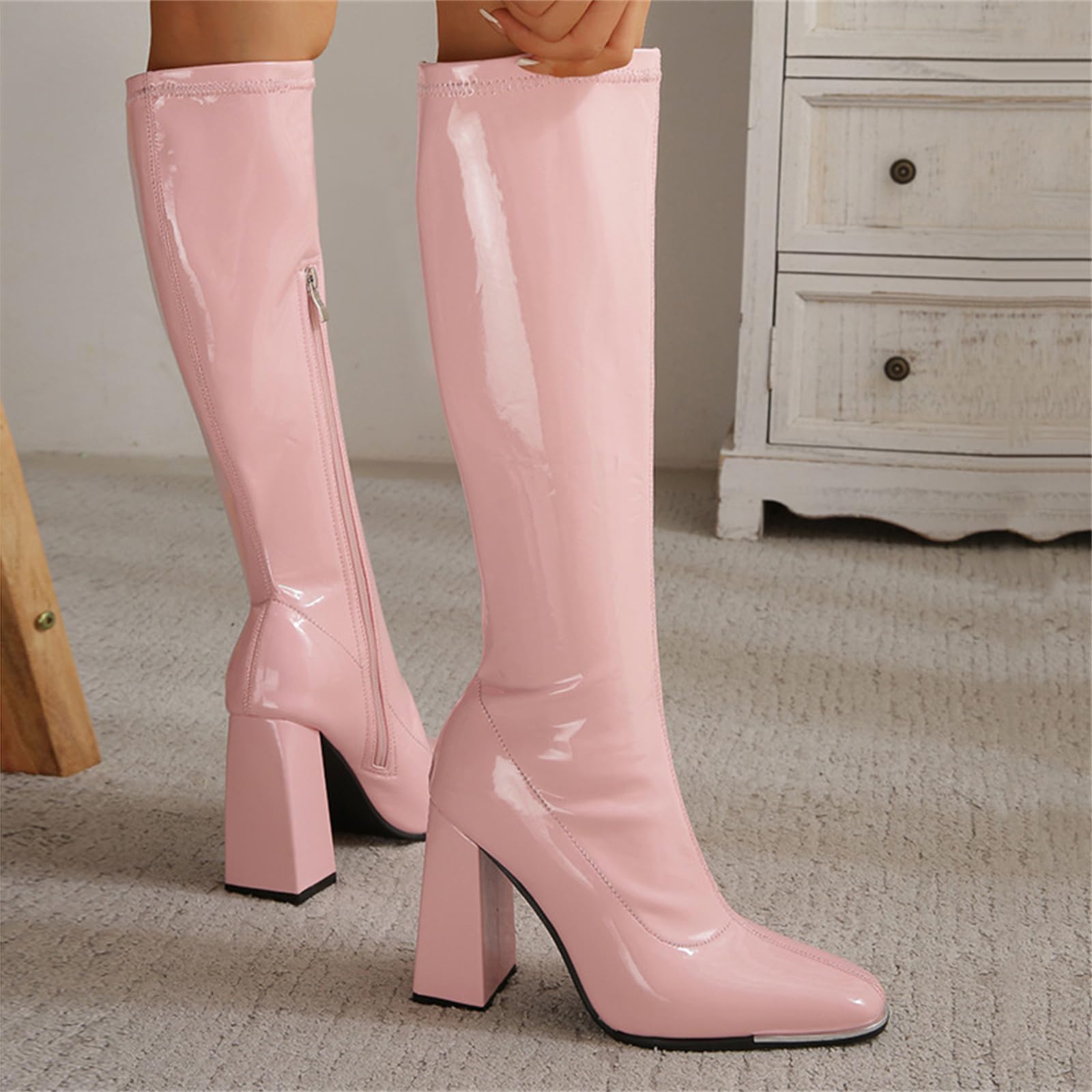 XZEIT Botas para mujeres Botas de montar Botas Altas Botas Altas Tacones Square Toe Basic Casual Faux Faux de cuero brillante Capallera Long Boot Heel Altura 10.5 cm
