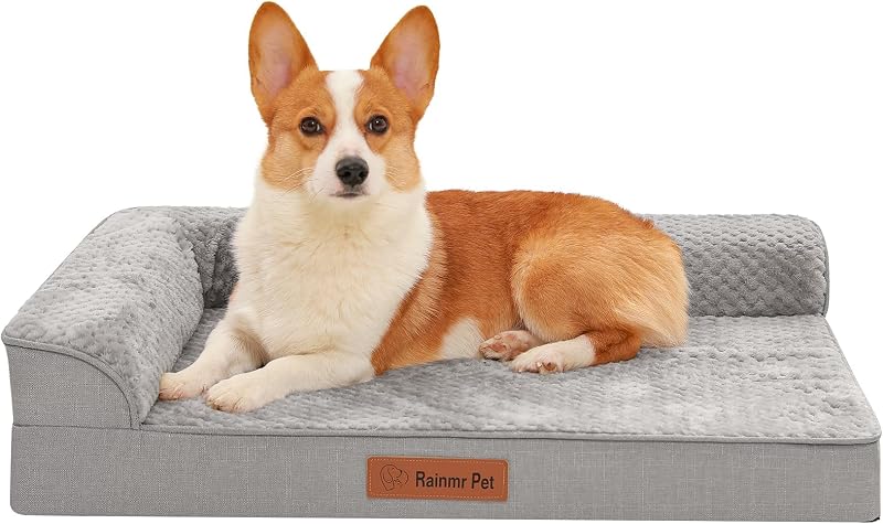 Rainmr Memory Foam Orthopedic Dog Bed, Washable Dog Couch with Removable Waterproof Cover and Nonskid Bottom for Pet Sofa, 35x23 Inches, Light Grey