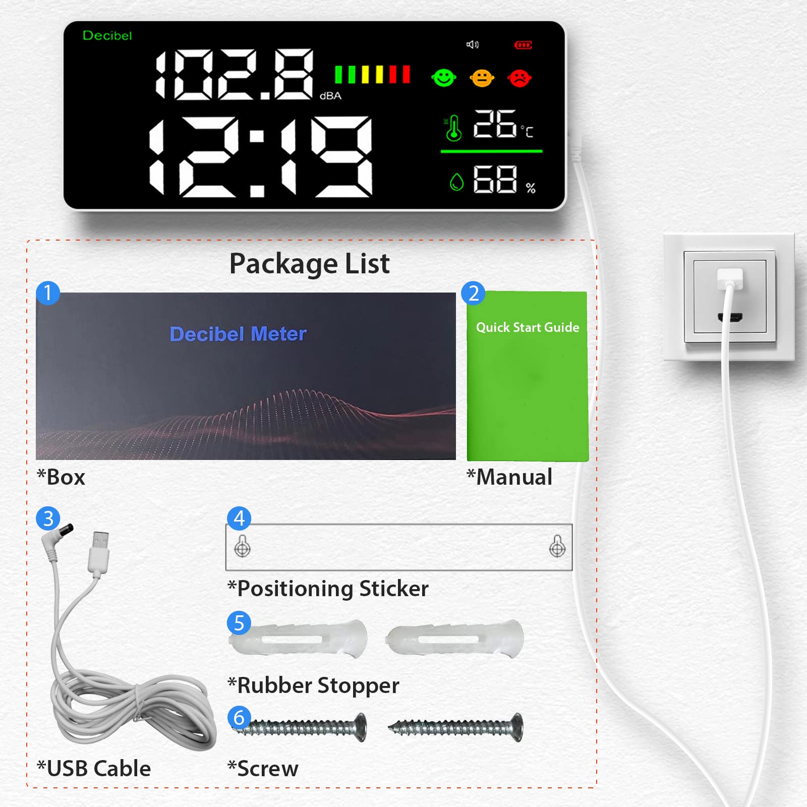 LYCEBELL Medidor de Ruido de Pared 30-130dB, Medidor de Nivel de Sonido y Temperatura y Humedad con Alarma, Sonómetro Profesional con Pantalla LCD 11, Monitor de Decibelios para Hogar, Fábrica y Aula