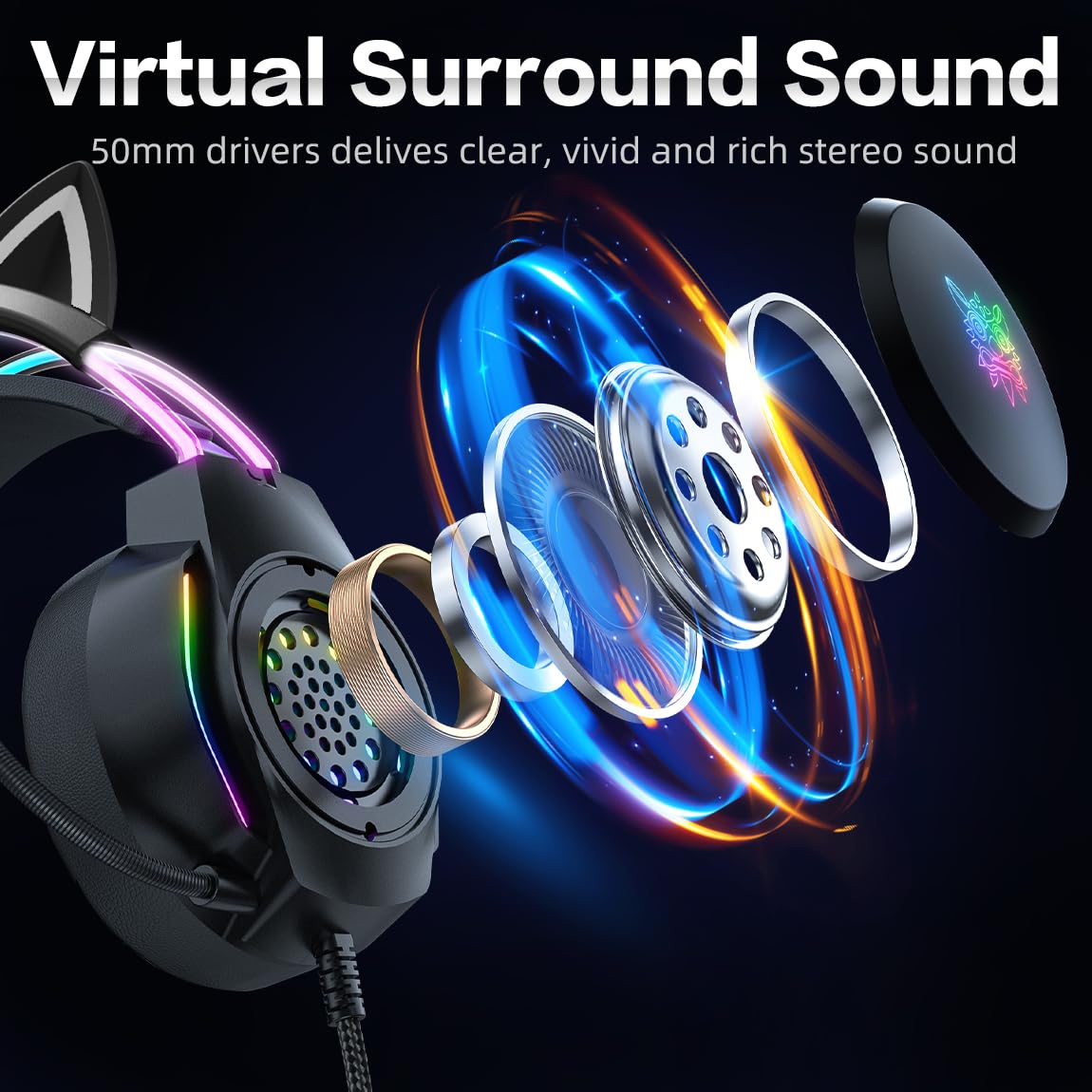 Cuffie da gioco con orecchie di gatto, cuffie retroilluminate RGB per PC/PS4/PS5/XBOX/Switch con microfono a cancellazione del rumore, suono surround virtuale 7.1, design leggero e archetto a