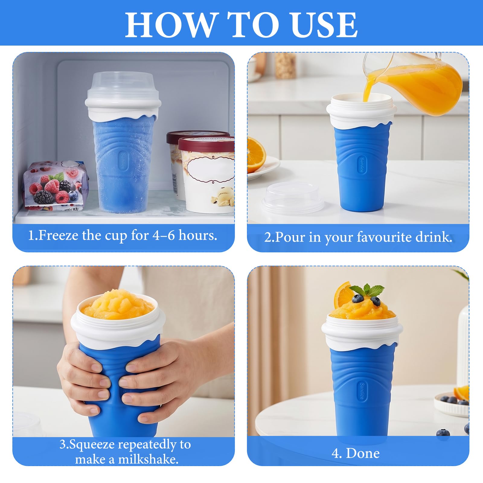 Slushy Maker in Silicone da 500 ml, Tazza per Slush e Granita e Smoothie Fatto in Casa, Con Cucchiaio-Cannuccia 2 in 1 e Spazzola per Pulizia, Riutilizzabile, per Casa, Picnic e Campeggio (Blu)