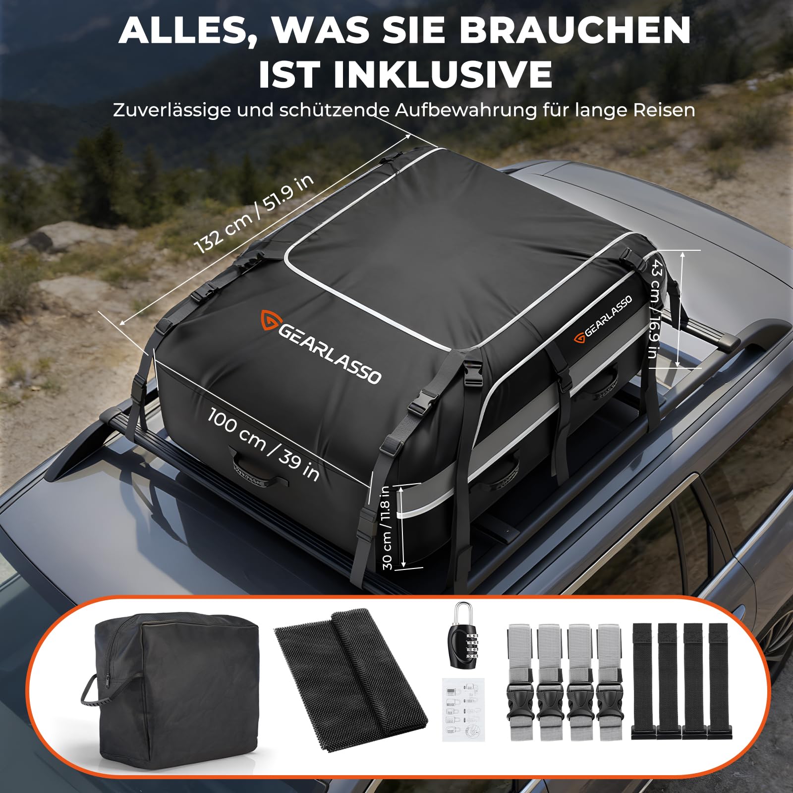 Autodachtasche 21 Kubikfuß (595 L), wasserdichte Dachbox für Pkw, SUV & Van, Robustes 840D-PVC, universell passend mit/ohne Dachgepäckträger, inkl. Rutschfester Matte & Zahlenschloss