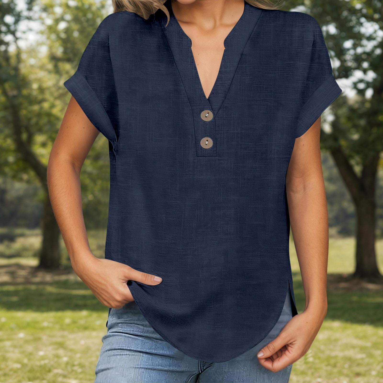 Camiseta de mujer algodón lino cuello V manga corta monocolor verano transpirable