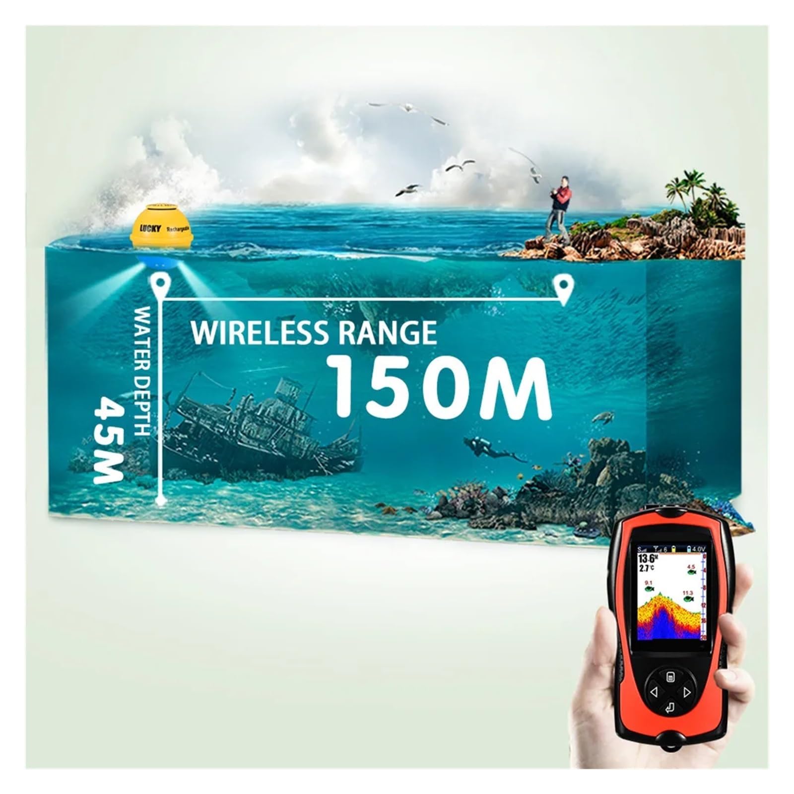 Sondeur de pêche sans Fil Rechargeable, capteur de Profondeur d'eau de 45 m, échosondeur de pêche Portable