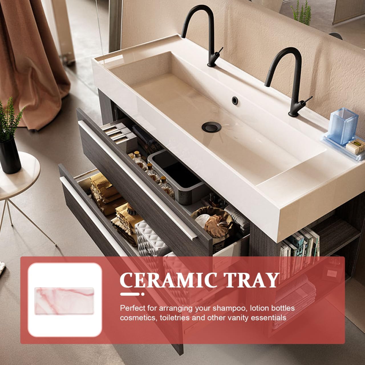 Cabilock Ceramic Vanity Tray 8.07X3.74In Pink Marble Desktop Organizer for Bathroom Countertop Cosmetics Storage and Vanity Essentials