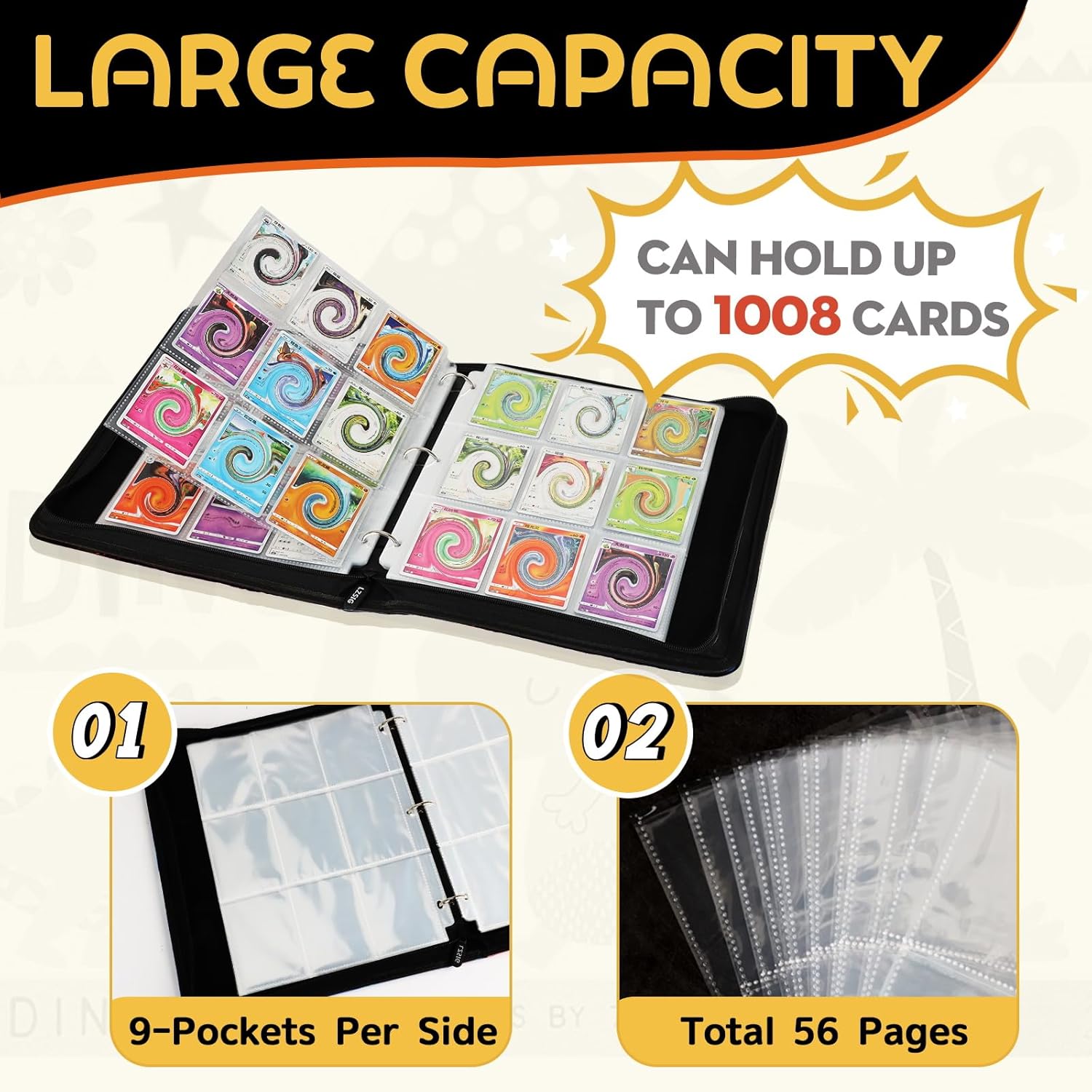 9-Pockets Football Card Binder - Can hold 1008 Cards with 56 Removable Sleeves, 3-Ring Zipper Sports Book Compatible with Game Cards, Trading Card Collector Album, Gifts for Boys
