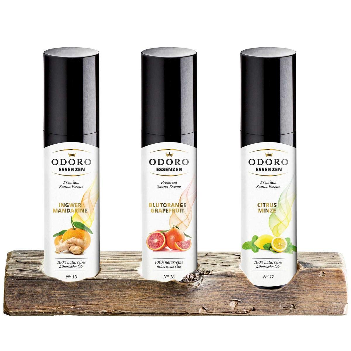 Saunageschenk Set einzigartiger Unikat Aufsteller Vintage Holz - 100% naturreine ätherische Öle von Odoro Essenzen – Premium Saunaufguss (fruchtig) – Blutorange, Ingwer Mandarine, Citrus Minze