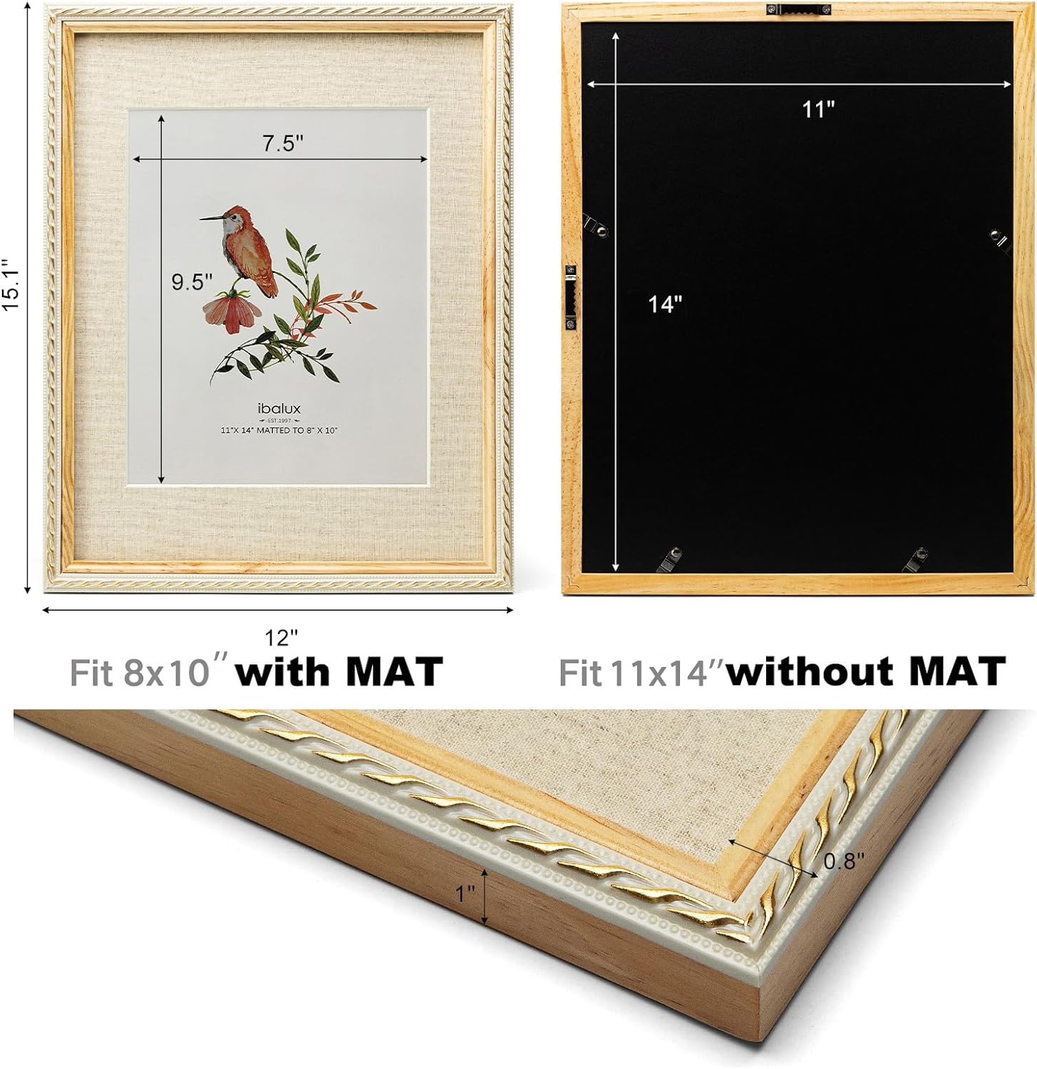 11x14 Picture Frame Pine Wood with Real Glass, Gold-Toned Synthetic Rope Edging, Linen Matted to 8x10, Vertical and Horizontal for Wall Hanging, Nature Brown - Image 3