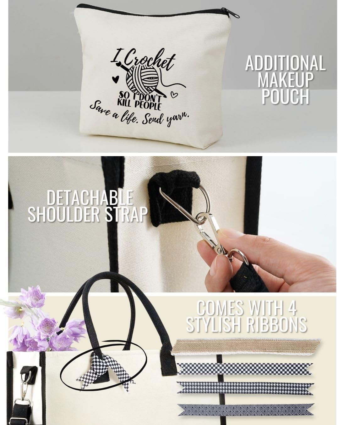 InnoBeta Funny Crochet Gifts for Women, Crochet Gifts Canvas Tote Bag with Makeup Bag, Top Zipper Closure for Crochet Lovers on Mother's Day, Birthday, Christmas - Yarn - Image 3