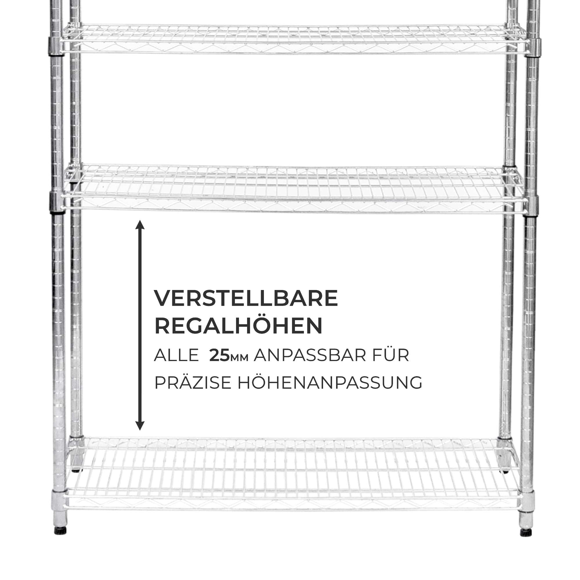 Drahtregal 5-stufiges Metall-Aufbewahrungsregal Heavy Duty Freistehend Höhenverstellbaren Böden & Füße Multifunktional Küche Büro Garage Speisekammer Silber Chrom 1000kg Tragfähigkeit 45 x 120 x 180cm
