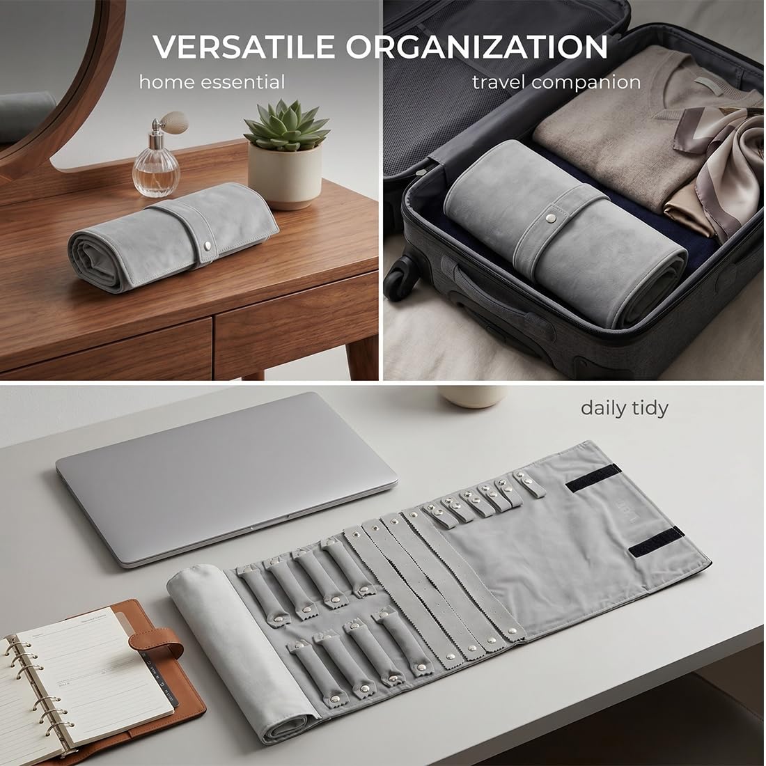 1 Set Joyas Rollo, Terciopelo Rollo Joyero, Plegable Rollo Joyero, Organizador De Viaje Para Joyas, Puede Contener Varios Collares Y Pulseras, Gris