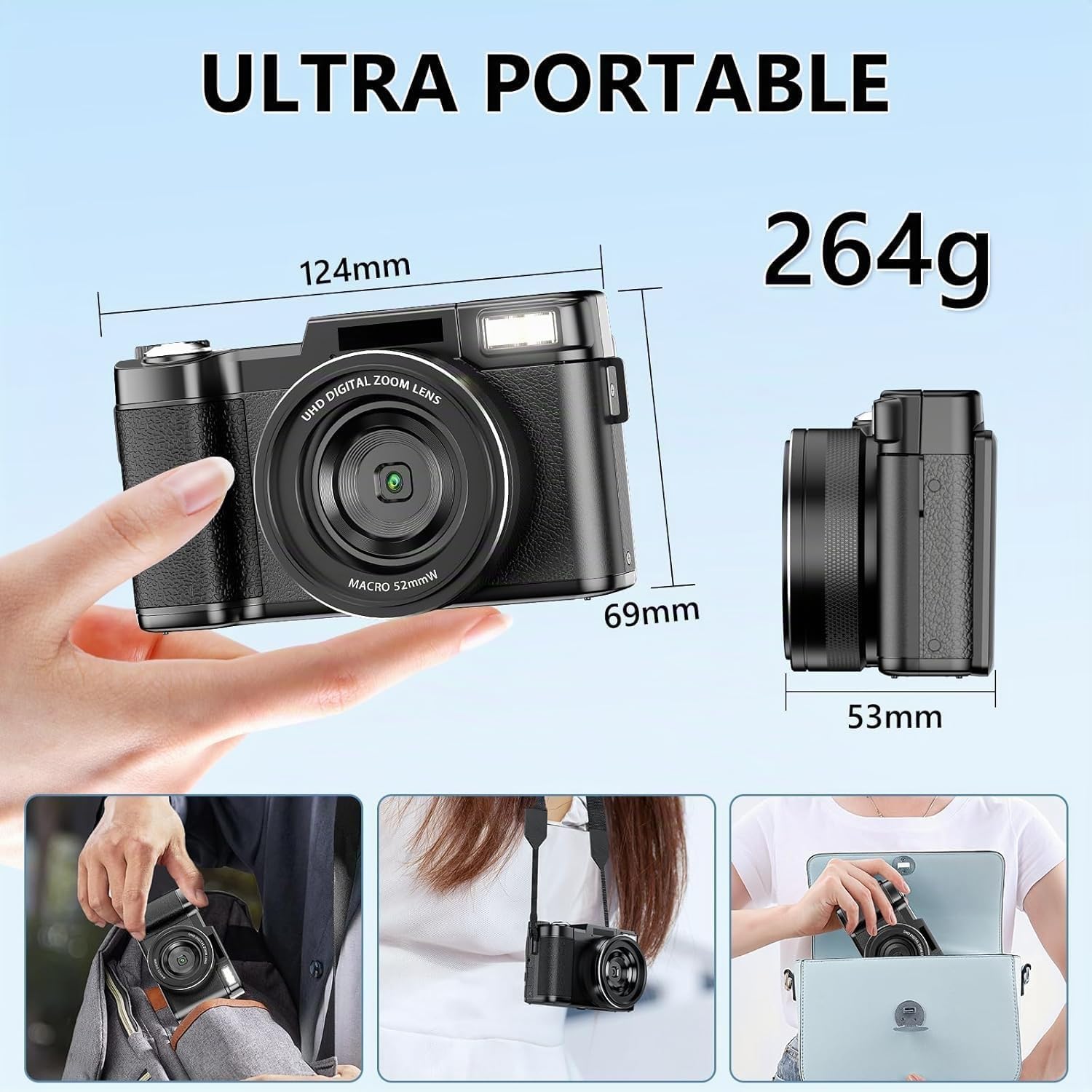 Appareil Photo 5K 64MP, Zoom Numérique 18X, Autofocus Appareil Photo Numérique, Écran IPS 3" Pivotant à 180°,Camera Digital de Vlogging avec Carte Mémoire 32GB, Idéal pour Les