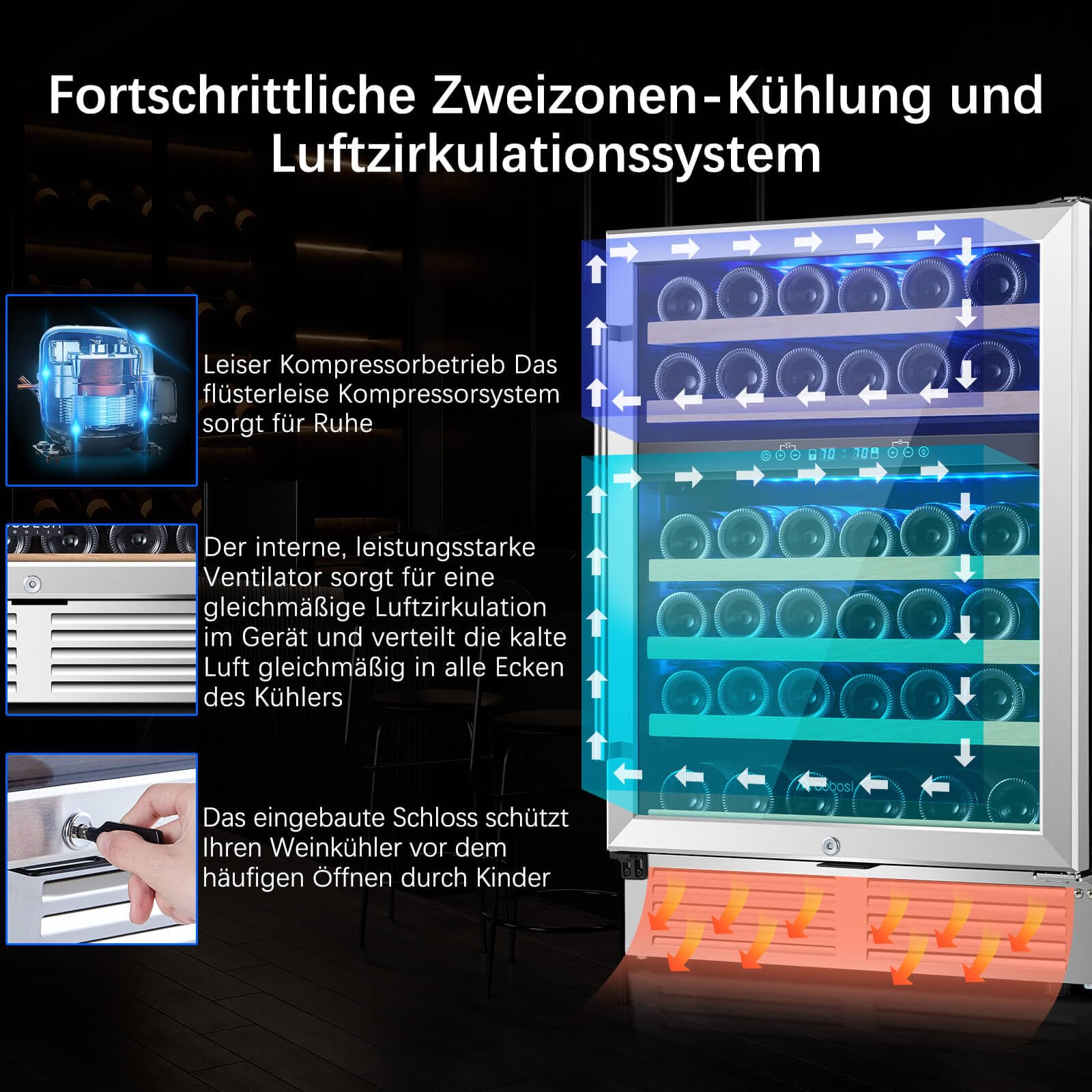 AAOBOSI Weinkühlschrank 145 Liter 41 Flaschen 2 Zonen 5-20°C LED