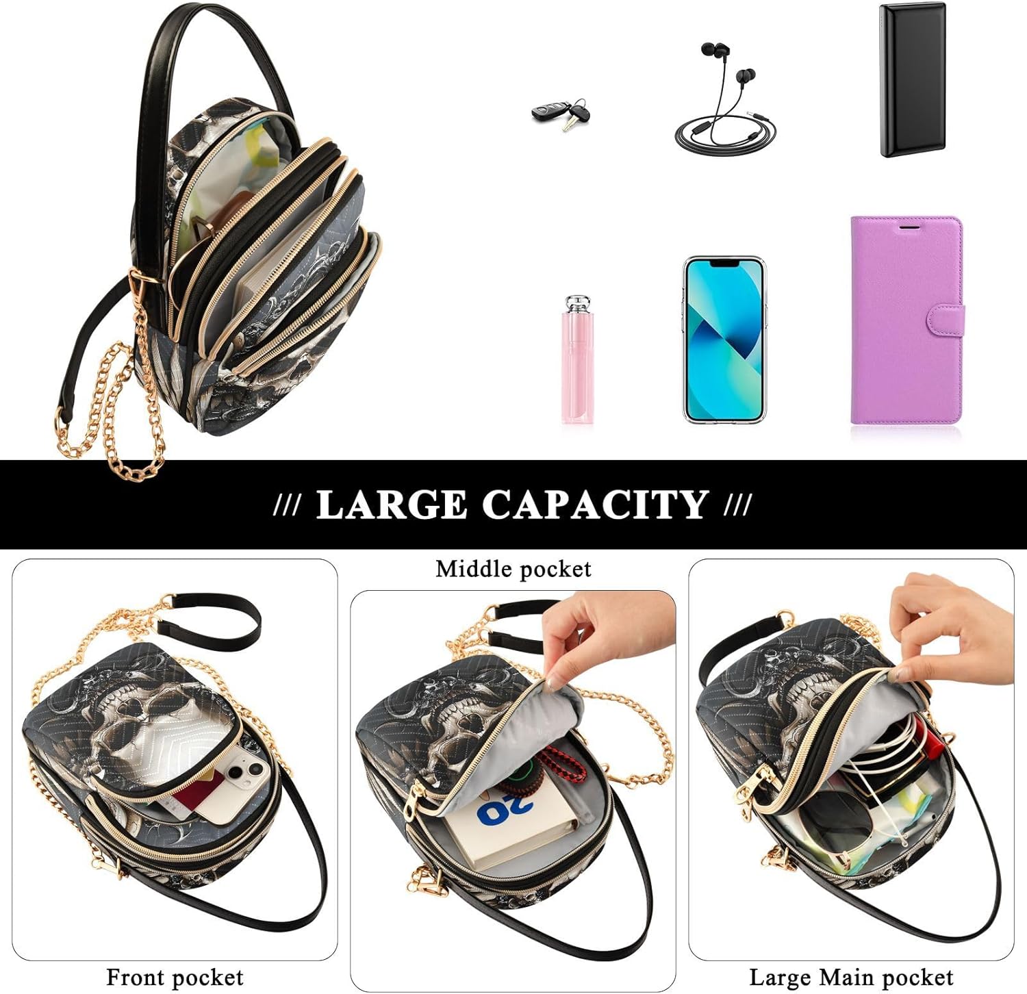 Angel Wings Skull Quilted Crossbody Bags for Women – Vegan Leather Purses Small Shoulder Handbags for Shopping Travel