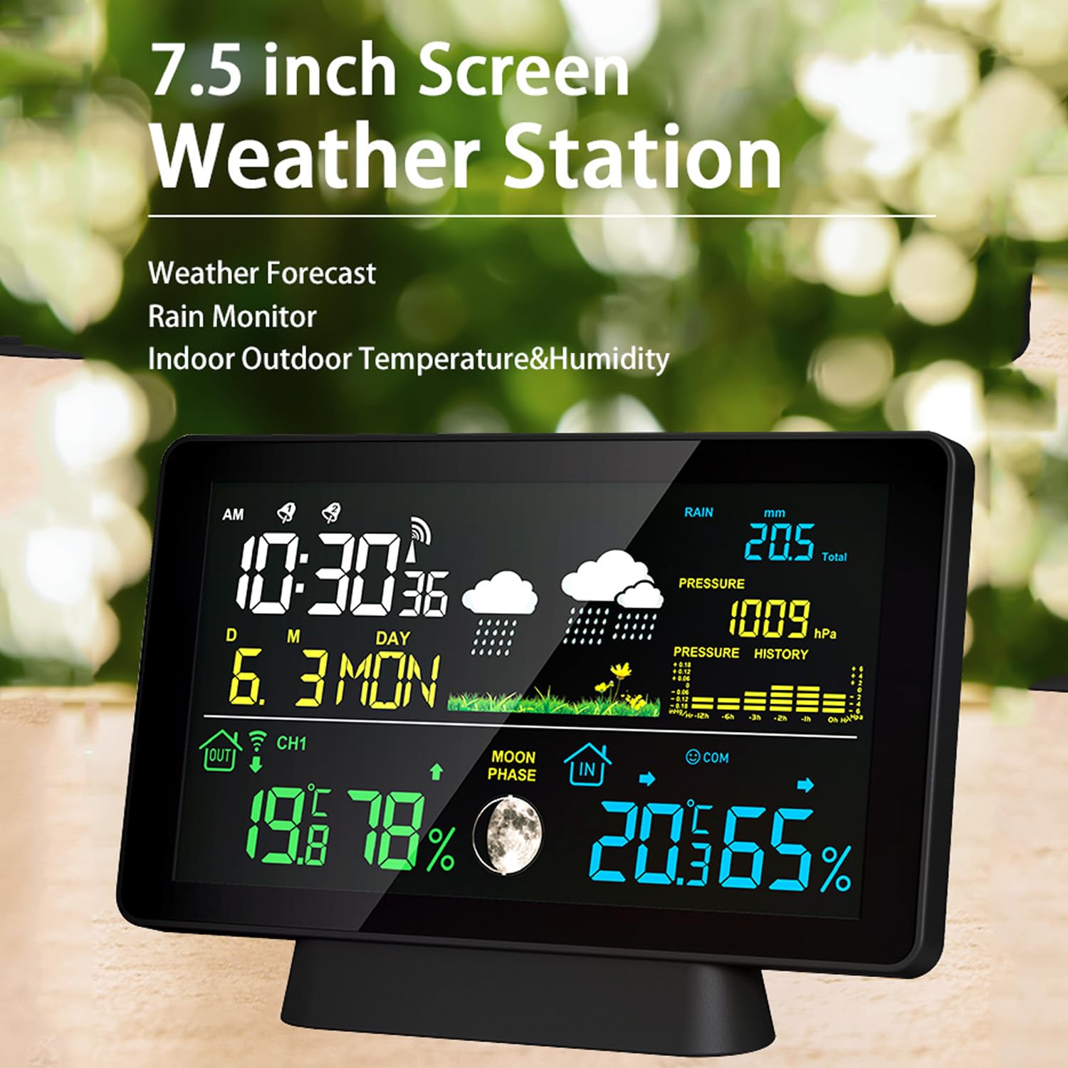 Stazione metereologica HUIOP Stazione meteorologica con schermo a colori da 7,5 pollici, pluviometro, misuratore di temperatura e umidità per interni ed esterni, con visualizzazione delle fasi lunari,