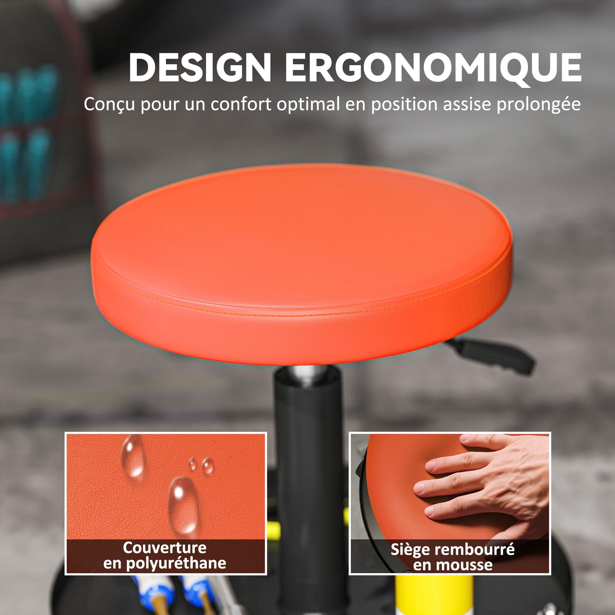 HOMCOM Taboret warsztatowy z 5 kółkami obrotowymi 360°, taboret mechaniczny o regulowanej wysokości 38-50 cm, siedzisko warsztatowe z półką narzędziową, nośność 135 kg, do garażu, pomarańczowy