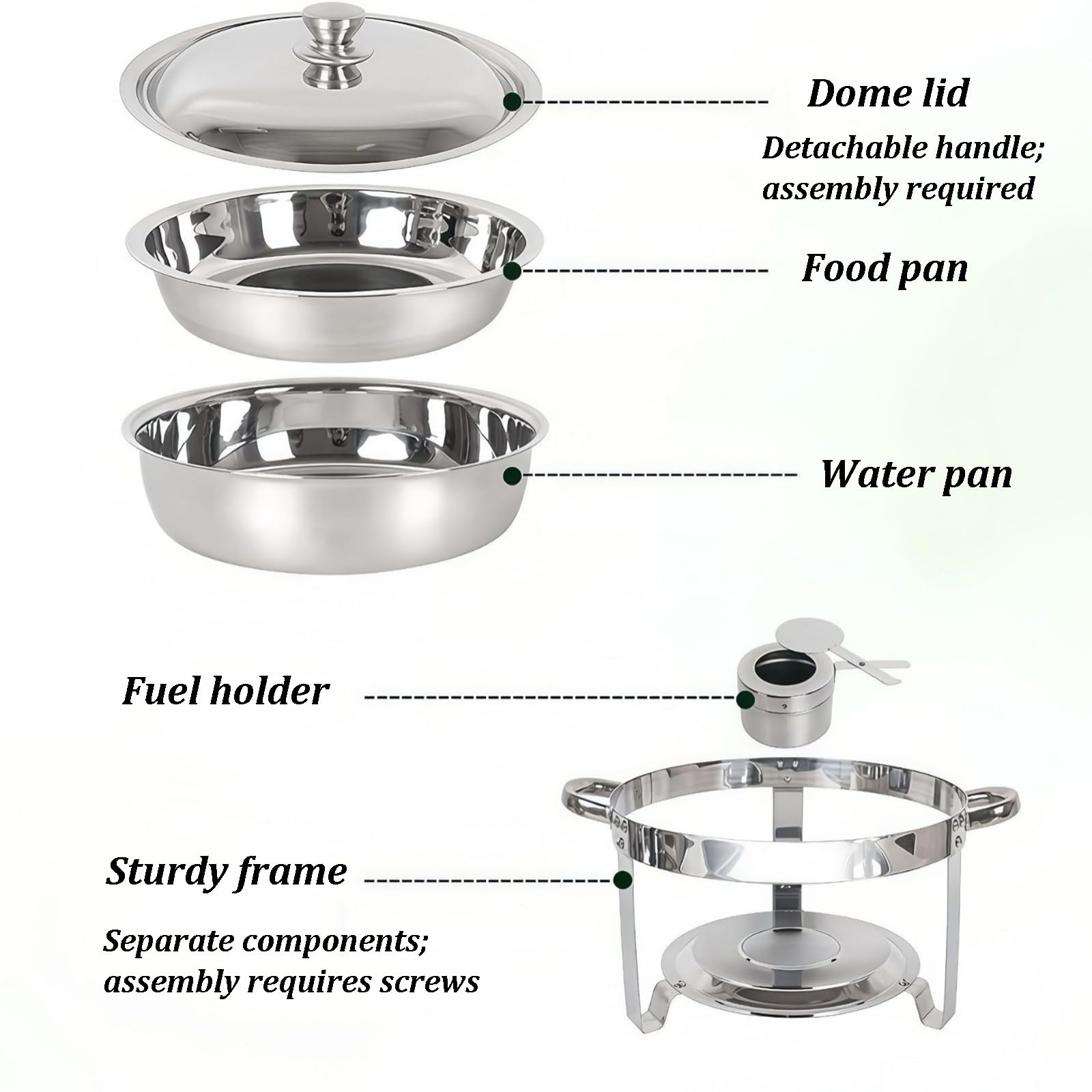 Juego de platos de roce, calentadores de buffet de acero inoxidable con sartenes para alimentos y agua, tapas, soportes de combustible, servidores redondos para fiestas, bodas, cenas, solución
