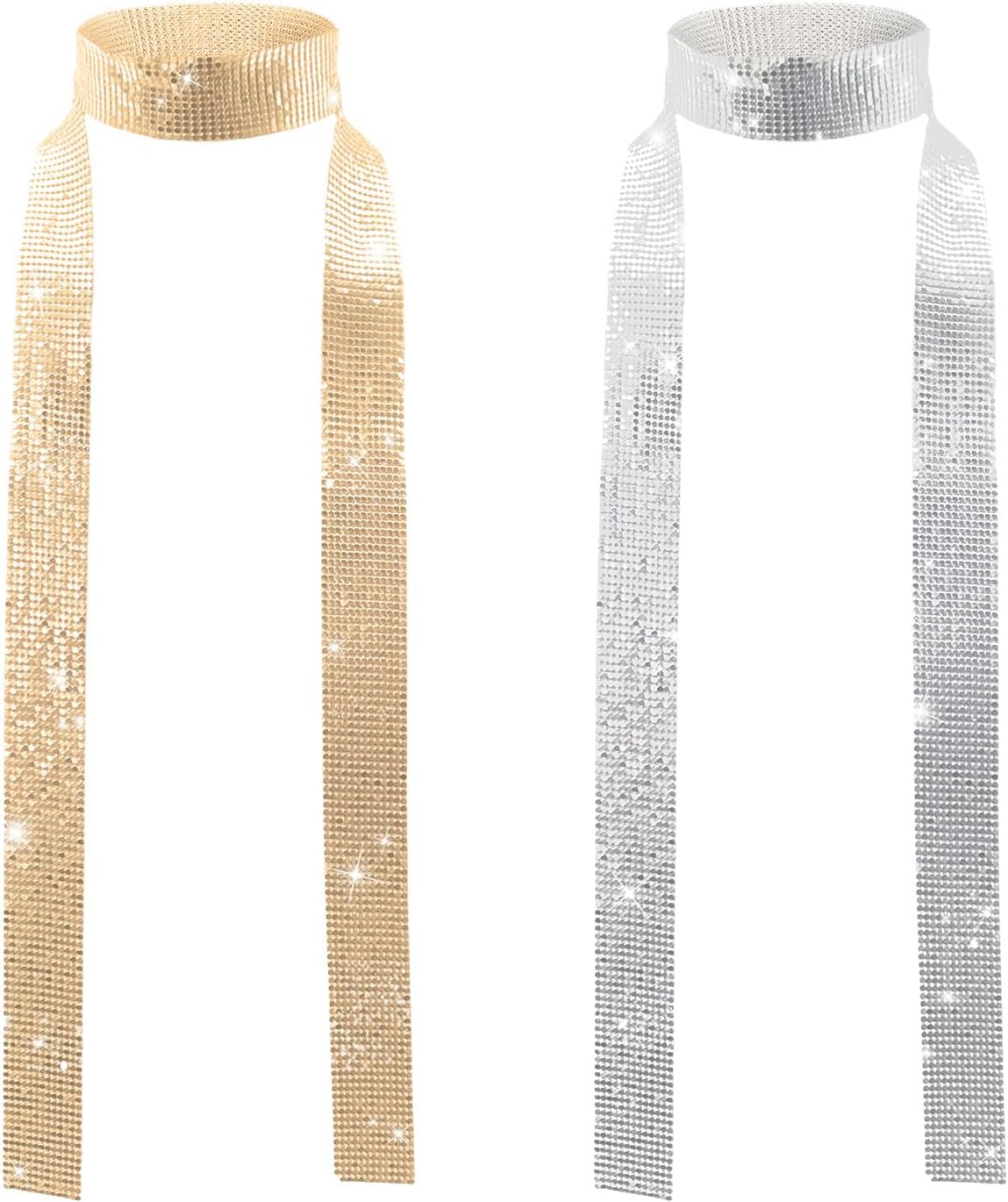 UILYNIU 2 Pack Skinny Sparkle Metal Sequins Scarf Neckerchief for Women Girl, Neck Scarf Glitter Neck Tie for for Adult, Costume Accessories for 70s 80s Disco Abba Fancy Dress Up Party Halloween