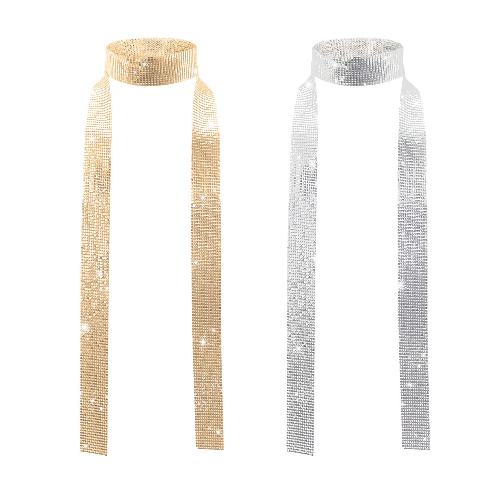 UILYNIU2 Pack Skinny Sparkle Metal Sequins Scarf Neckerchief for Women Girl, Neck Scarf Glitter Neck Tie for for Adult, Costume Accessories for 70s 80s Disco Abba Fancy Dress Up Party Halloween