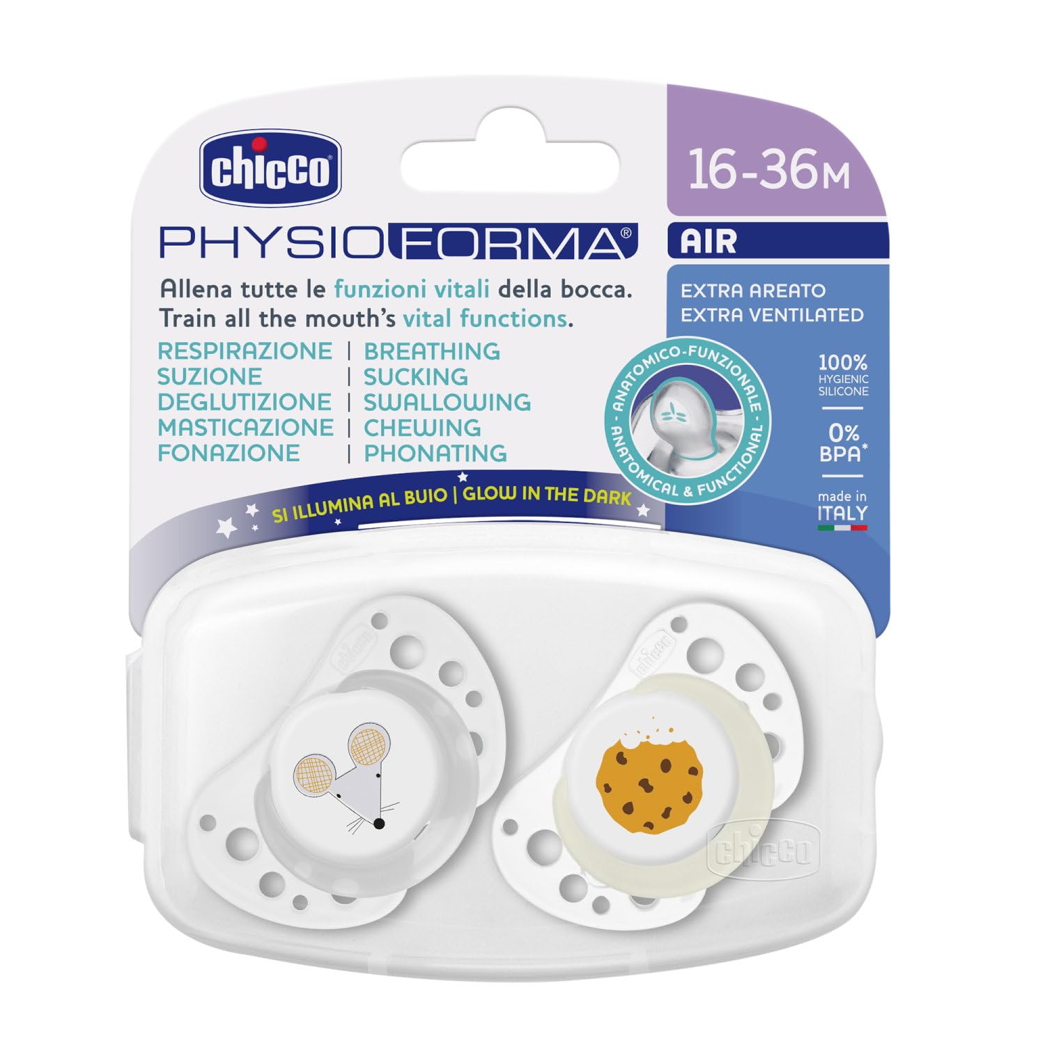 Chicco PhysioForma Succhietto Air Grigio Lumi, Ciuccio 16-36 Mesi, Si Illumina Al Buio, Tettarella in Silicone, Anatomico E Funzionale, Supporta la Respirazione Fisiologica, Grigio, 2 Pezzi