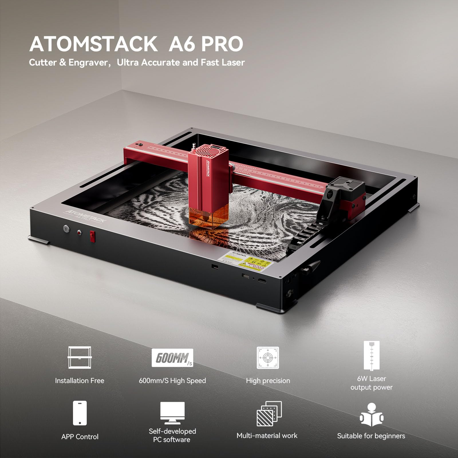 ATOMSTACK MAKER Máquina de grabado láser A6 Pro, 6 W de potencia láser, grabado láser, 0,05 x 0,05 mm, punto láser, grabado láser para madera, metal, acrílico, vinilo, rompecabezas de madera 3D,