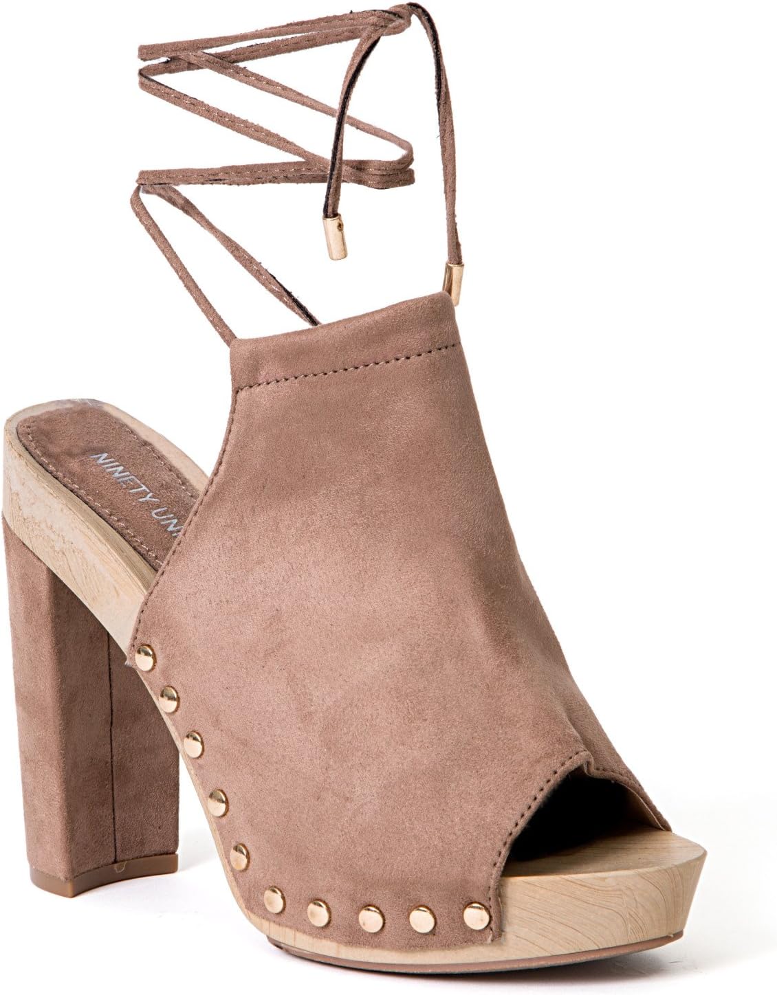 Ankle Tie Open Toe Lace up Sandal on Faux Wood Bottom Women's Shoes Ninety Union Dora Taupe 6