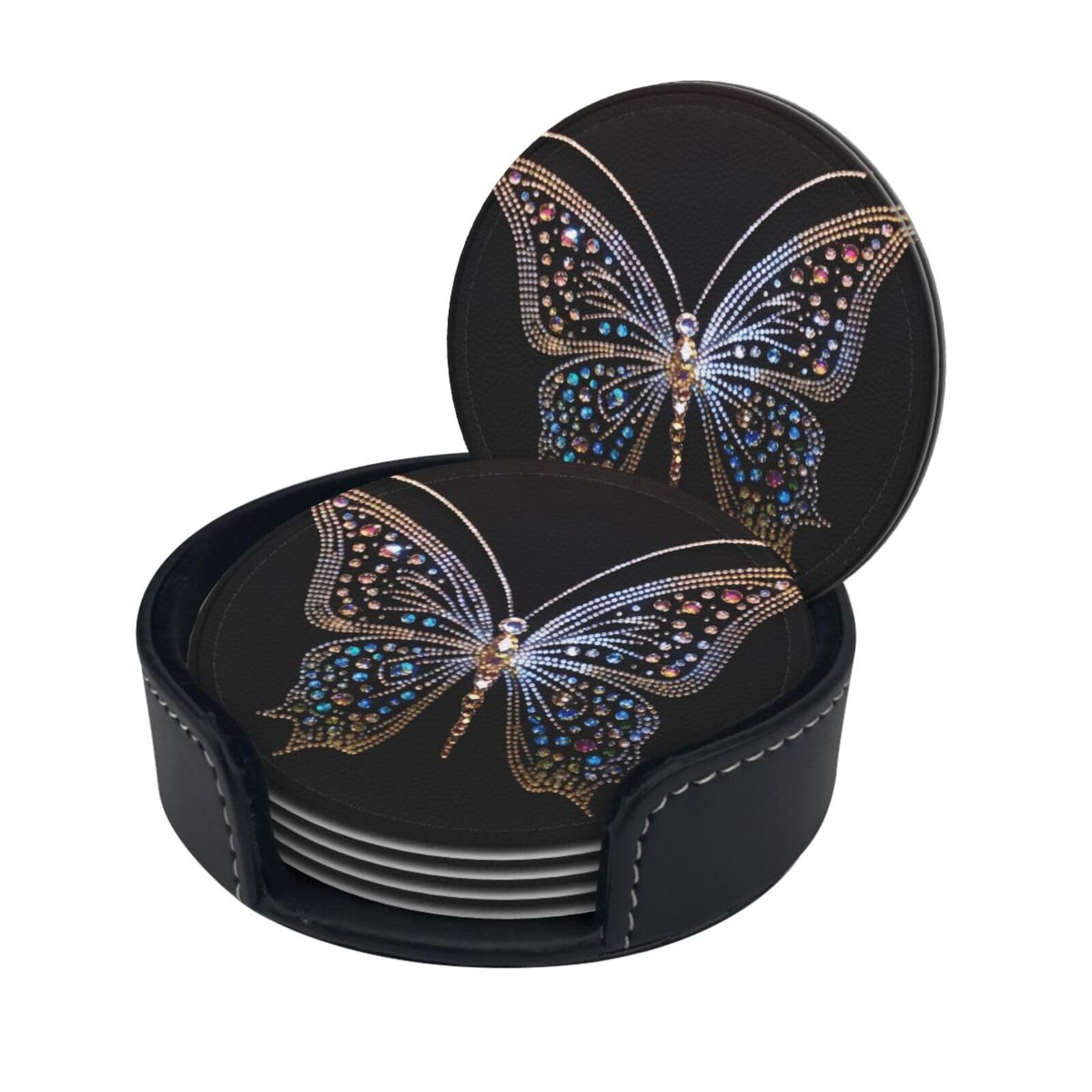 Stylish Coasters - Rhinestone Butterfly Set of 6 Round Leather Drink Coasters with Holder - Perfect Size for Cups and Glasses