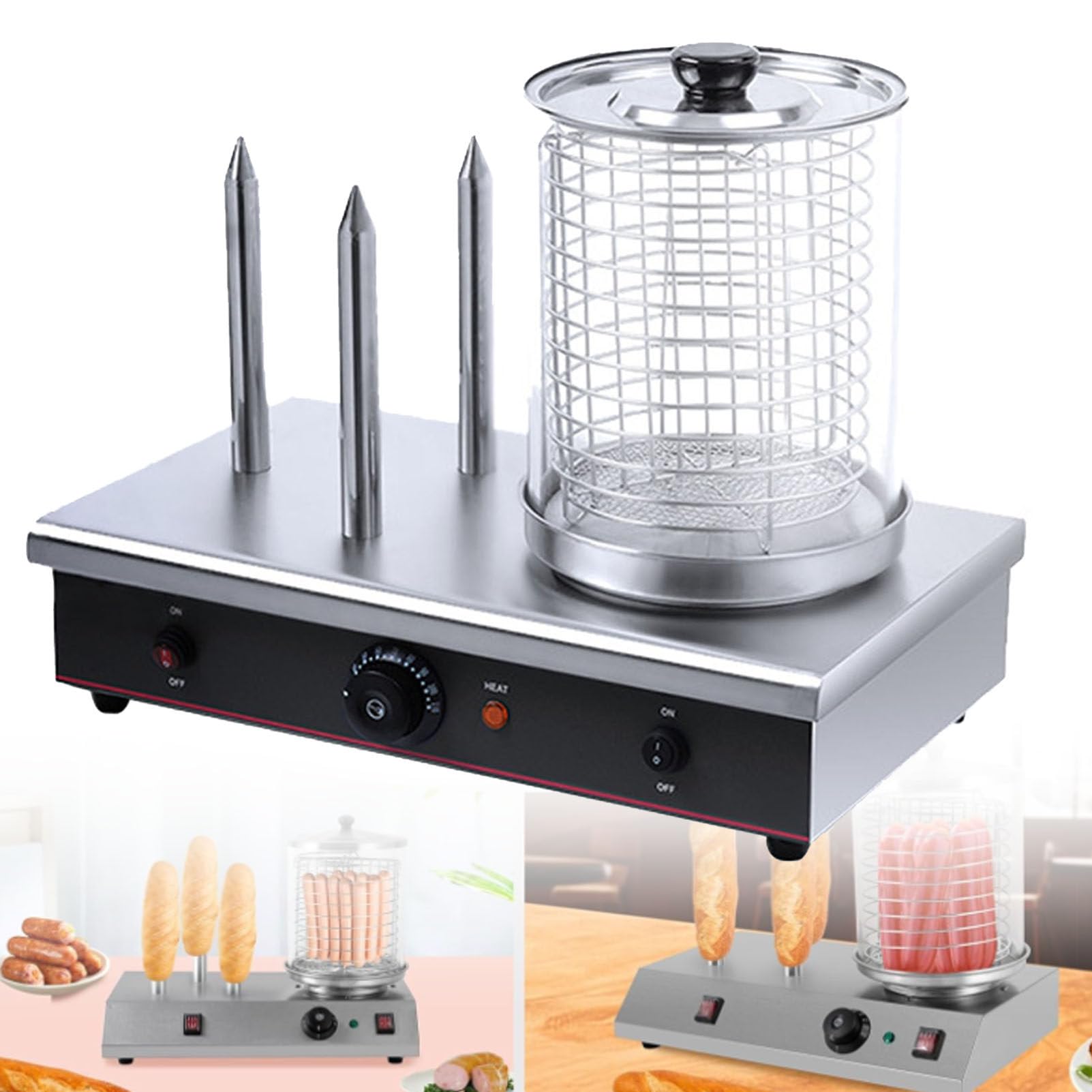 Macchina per Hot Dog in Acciaio Inox, con 3 Resistenze per Tostare, Elettrica, con Controllo della Temperatura Regolabile, 700W, Ideale per Hot Dog, Involtini Primavera E Sals