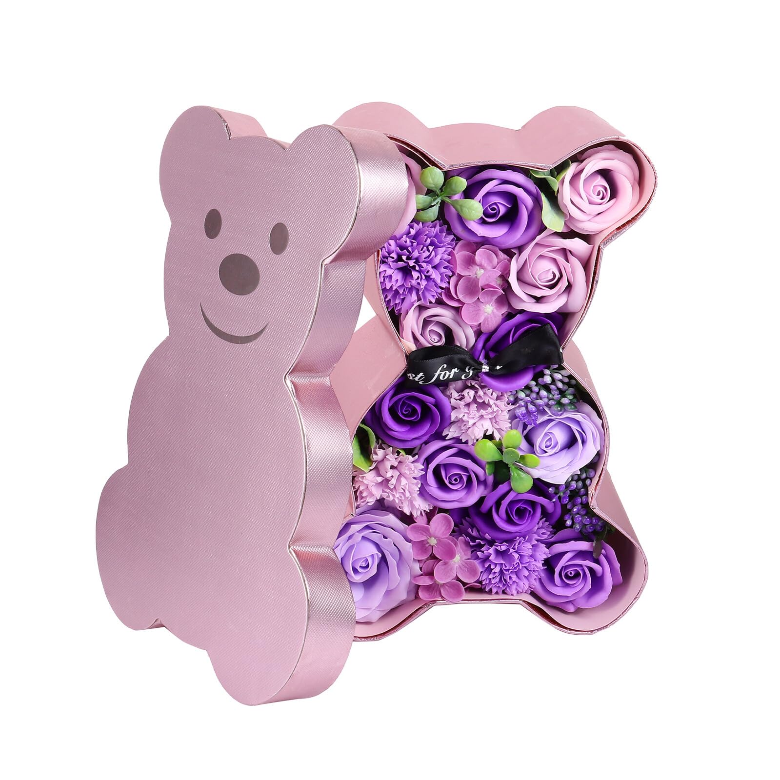 NUOBESTY Coffret Présent Roses Savonnées Ours en Fleurs Parfumées Violet Décoration Romantique pour Mariage et Saint Valentin pour Petite Amie – Boîte à Roses Artificielles Solide et
