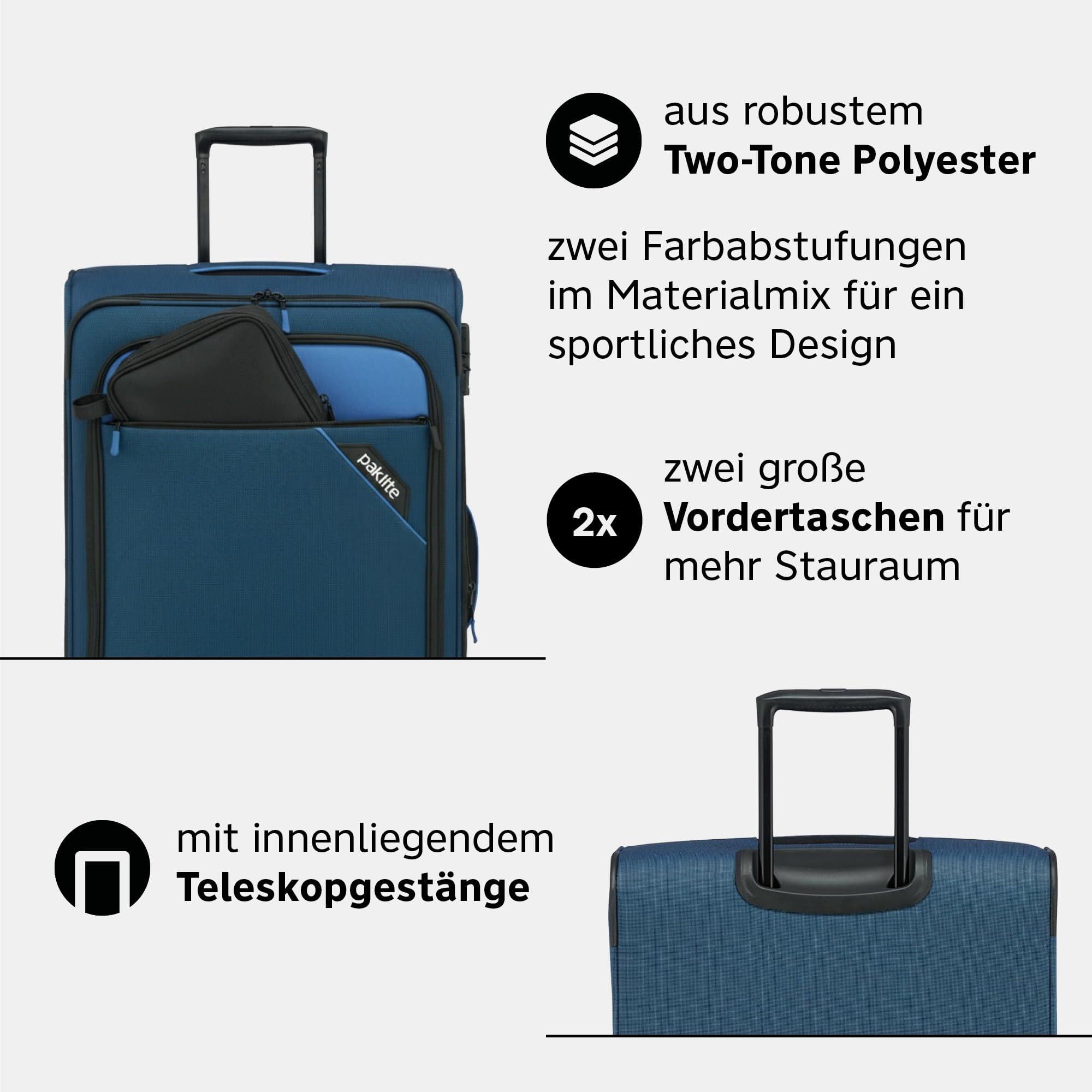 paklite Reisekoffer 4 Rollen, Weichschalen Rollkoffer groß, erweiterbar, Derby, Stilvoller Trolley mit Dehnfalte, TSA Schloss, 77 cm, 102-115 Liter