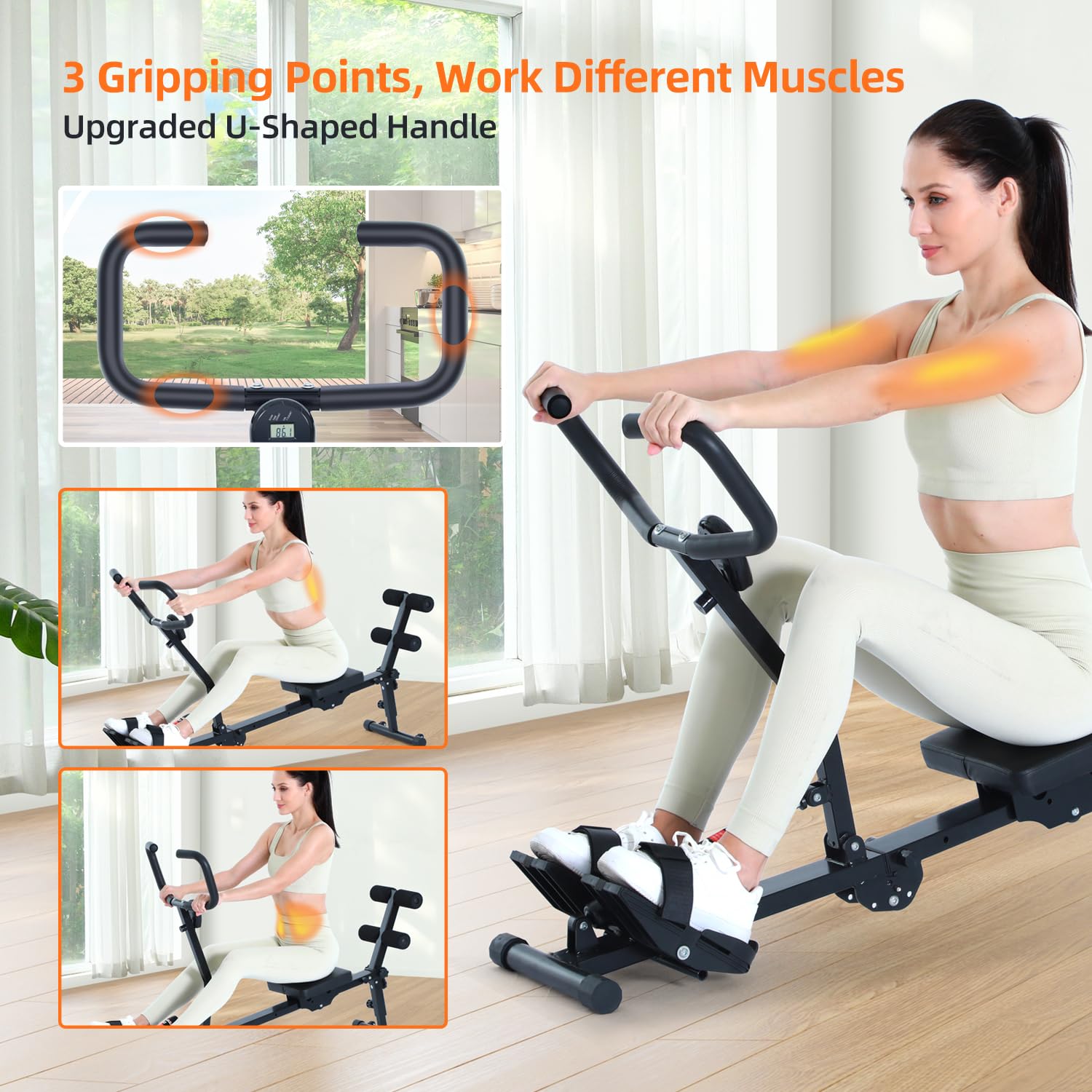 Rudergerät für Zuhause, Sportneer Hydraulisches Rudergerät klappbar mit 12 Widerstandsstufen, Fitnessgerät für Zuhause, Bauchtrainer mit U-Griff & Rückenlehne, bis zu 135 kg belastbar