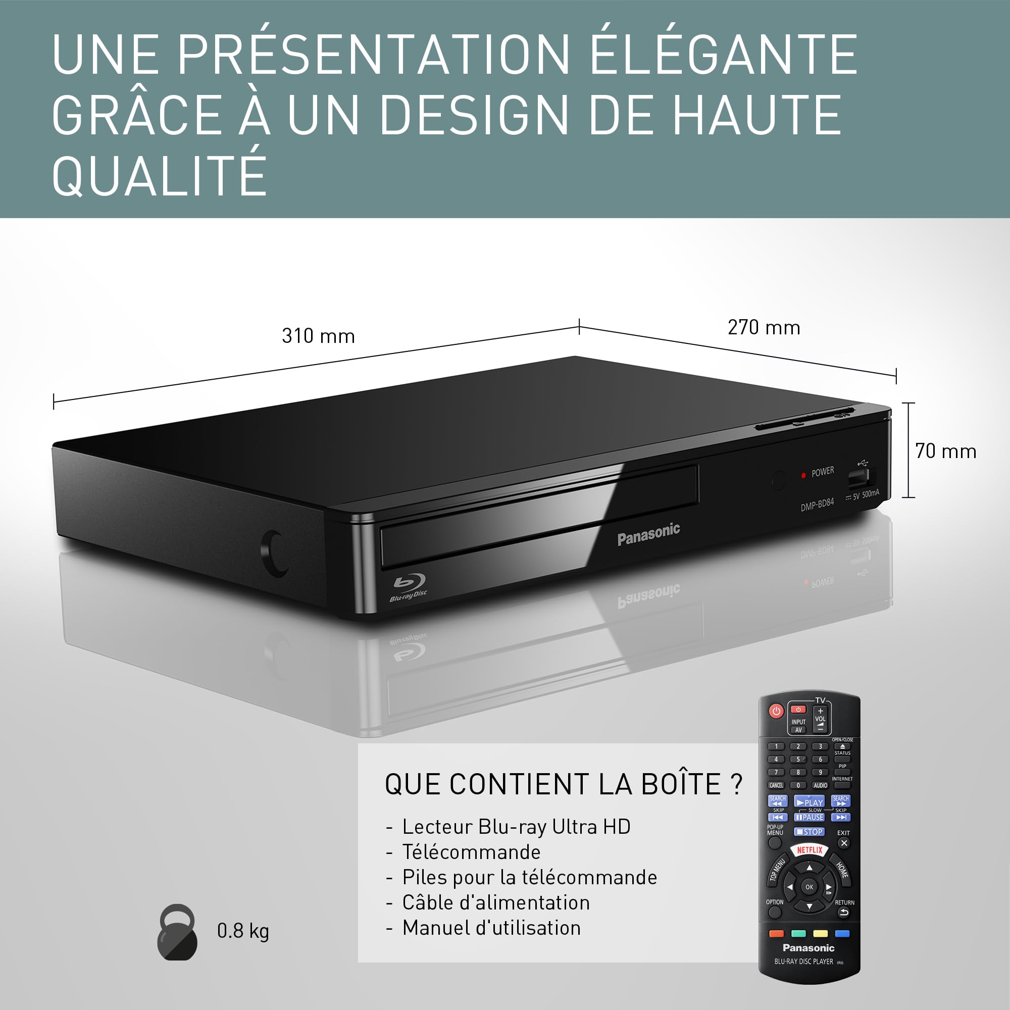 Panasonic DMP-BD84EG-K Lecteur Blu-Ray Smart Network 2D Disc/DVD, Apps Internet, Audio Haute-Résolution, HDD Playback Externe, USB, Ethernet, Design Compact, Noir