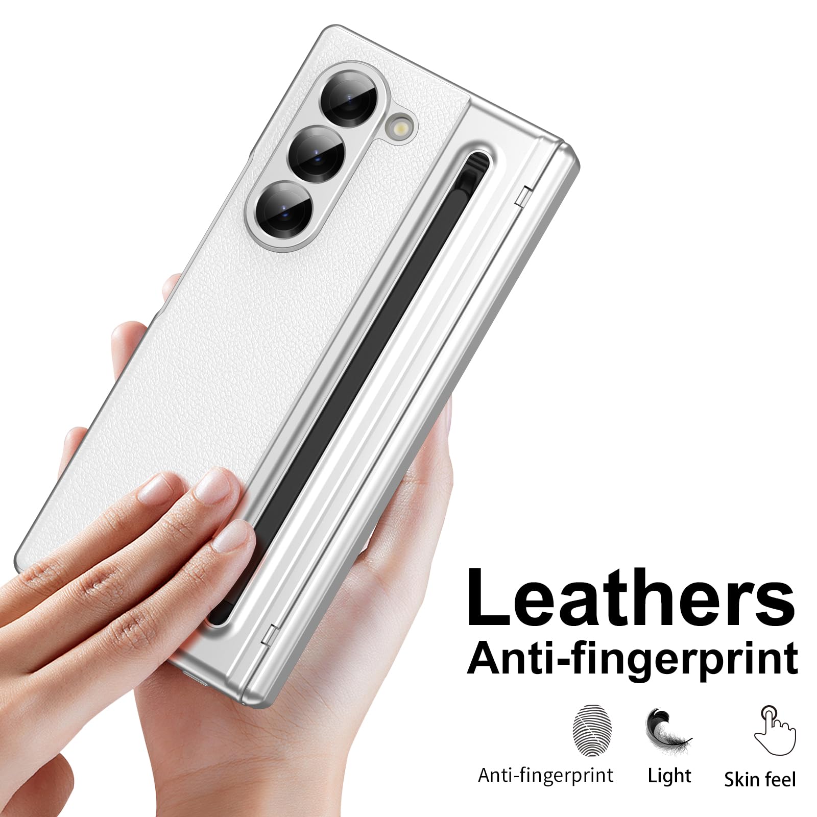 Custodia per Galaxy Z Fold 5 con penna stilo e slot per penna, cover protettiva con cerniera, protezione per lo schermo integrata, custodia in pelle per Samsung Galaxy Z Fold5-Bianco