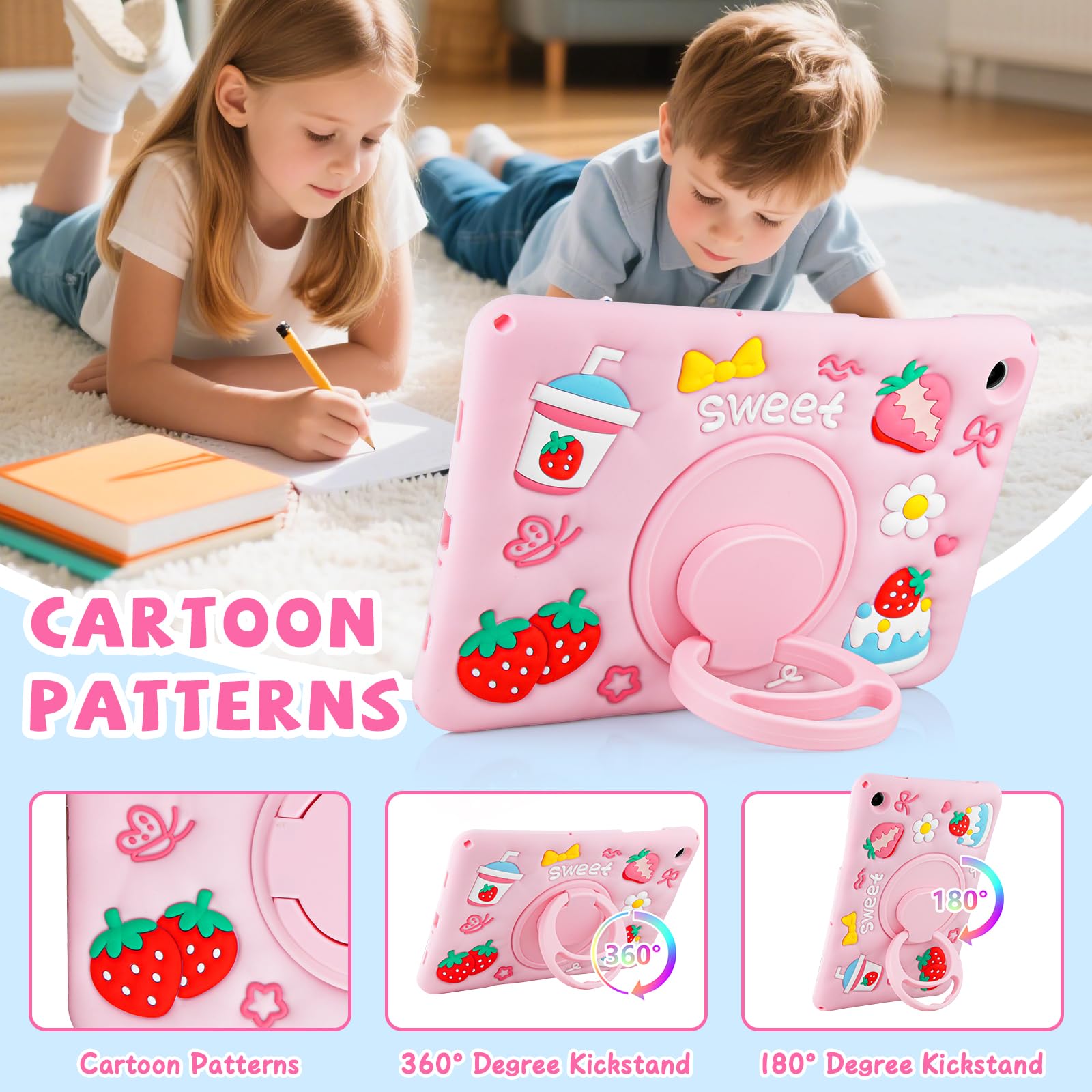 Coque pour Samsung Galaxy Tab A11+ Plus 2025/A9+ Plus 11 Pouces 2025/2023 pour Enfants Filles Protection Antichoc pour Samsung A11+ avec Sangle Ajustable/Support Rotatif à 360°-Rose