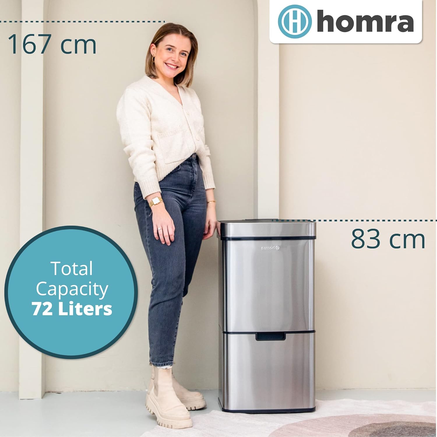 The Homra Nexo waste bin placed in a room, with text indicating 'Anti slip' and 'The anti-slip feet keep the Nexo firmly in place'.