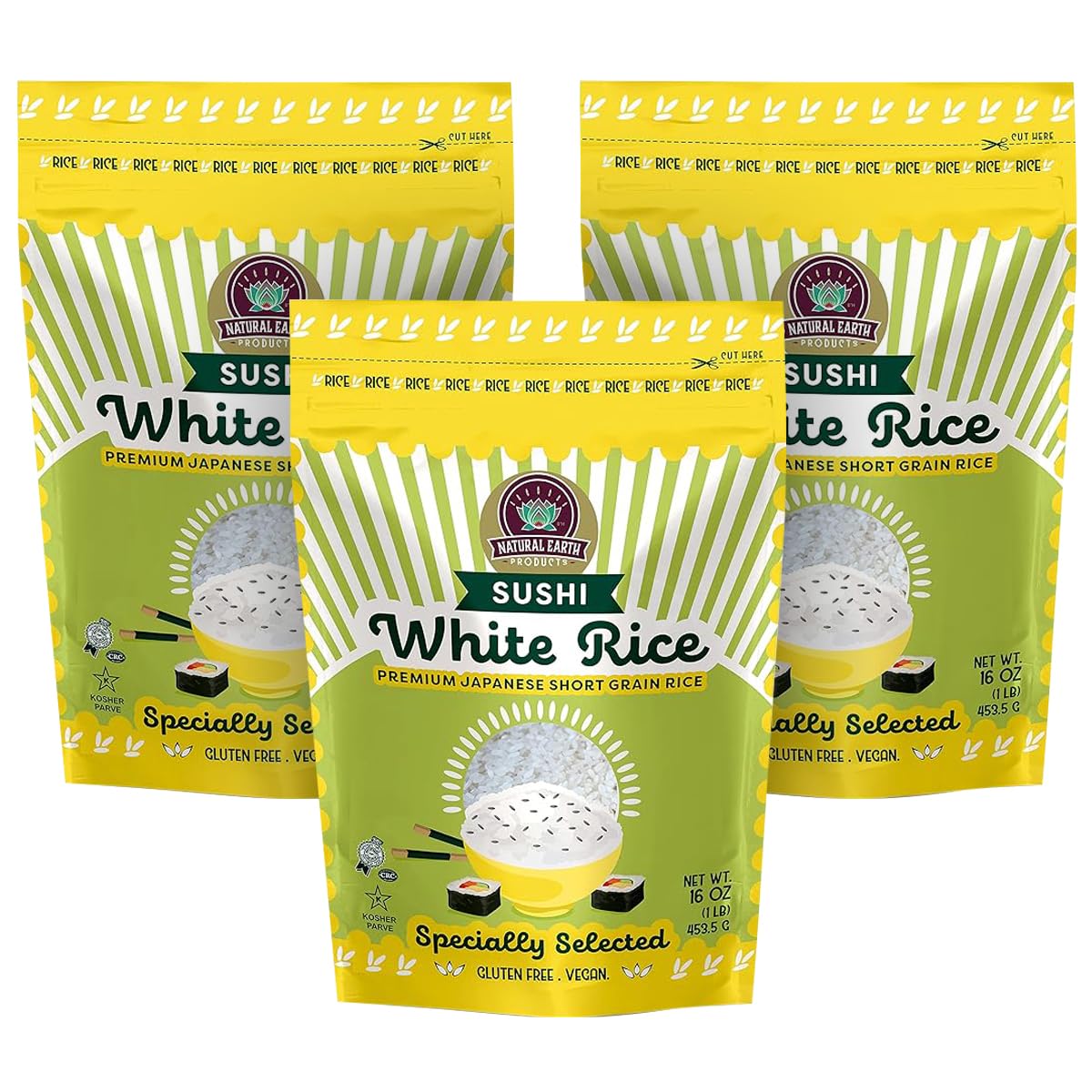 White Sushi Rice, Premium Japanese Short Grain, Sticky White Rice Perfect for any Rice Cooker, Specially Selected, 16 Oz (3- Pack, Total of 48 Oz)…