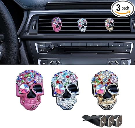3PCS Bling Skull Car Air Fresheners Vent Clip, Colorful Diamond Car Diffuser Vent Clip, Car Air Conditioner Decoration Clip, Funny Horror Car Interior Accessories for Women Girls