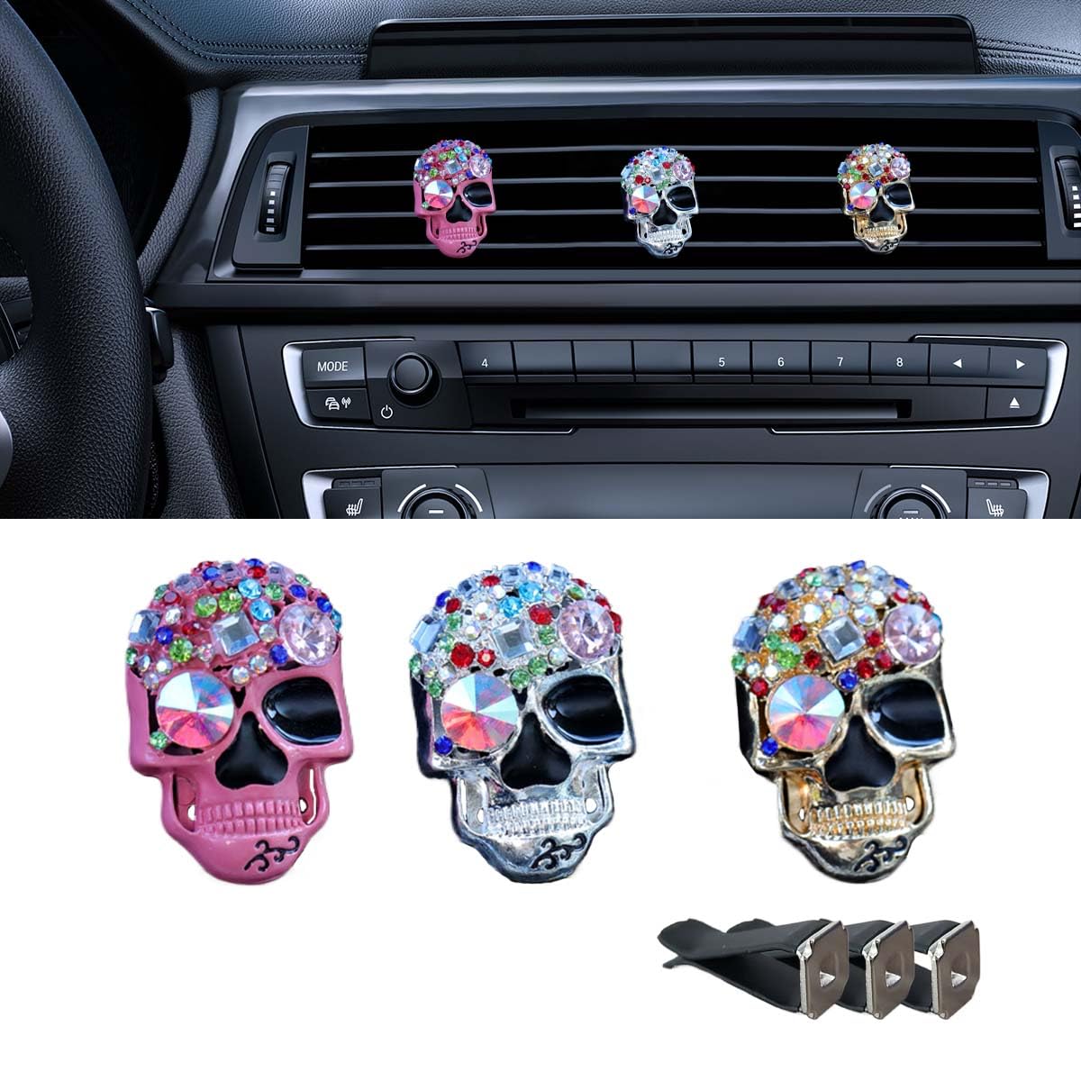 3PCS Bling Skull Car Air Fresheners Vent Clip, Colorful Diamond Car Diffuser Vent Clip, Car Air Conditioner Decoration Clip, Funny Horror Car Interior Accessories for Women Girls
