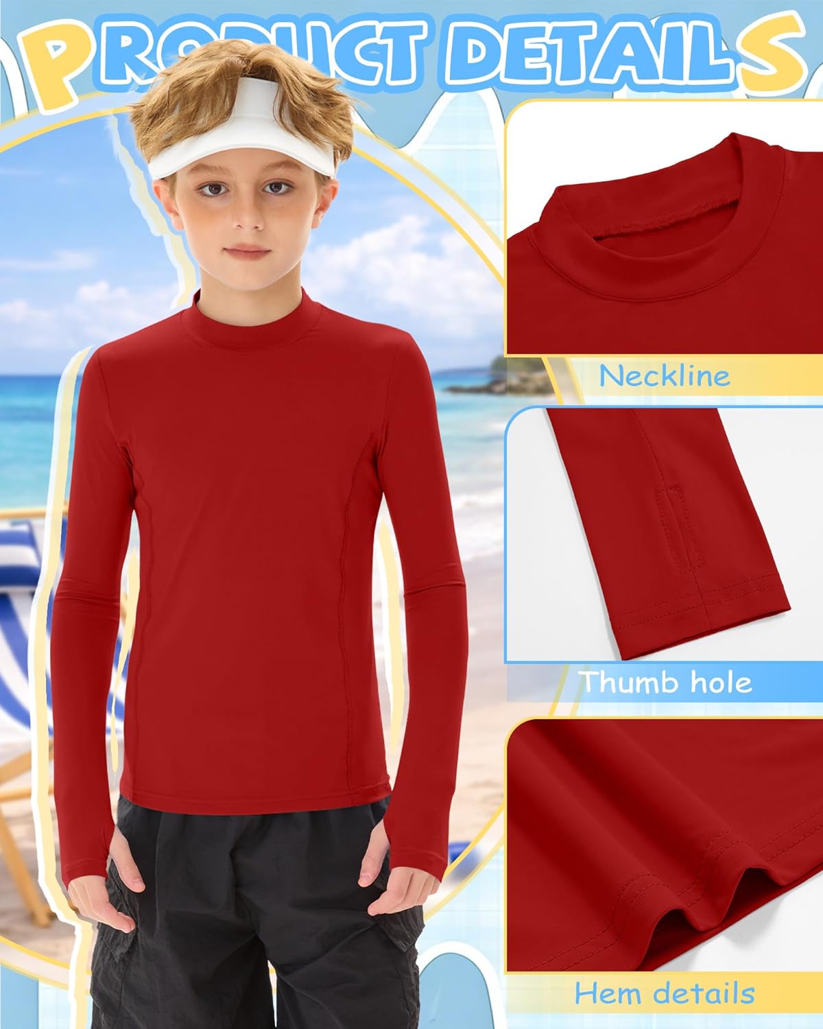 3 Pack Boys Rash Guard Kids Long Sleeve Swim Shirts UPF 50+ Quick Dry Sun Protection Shirts with Thumb Holes 5-14Y